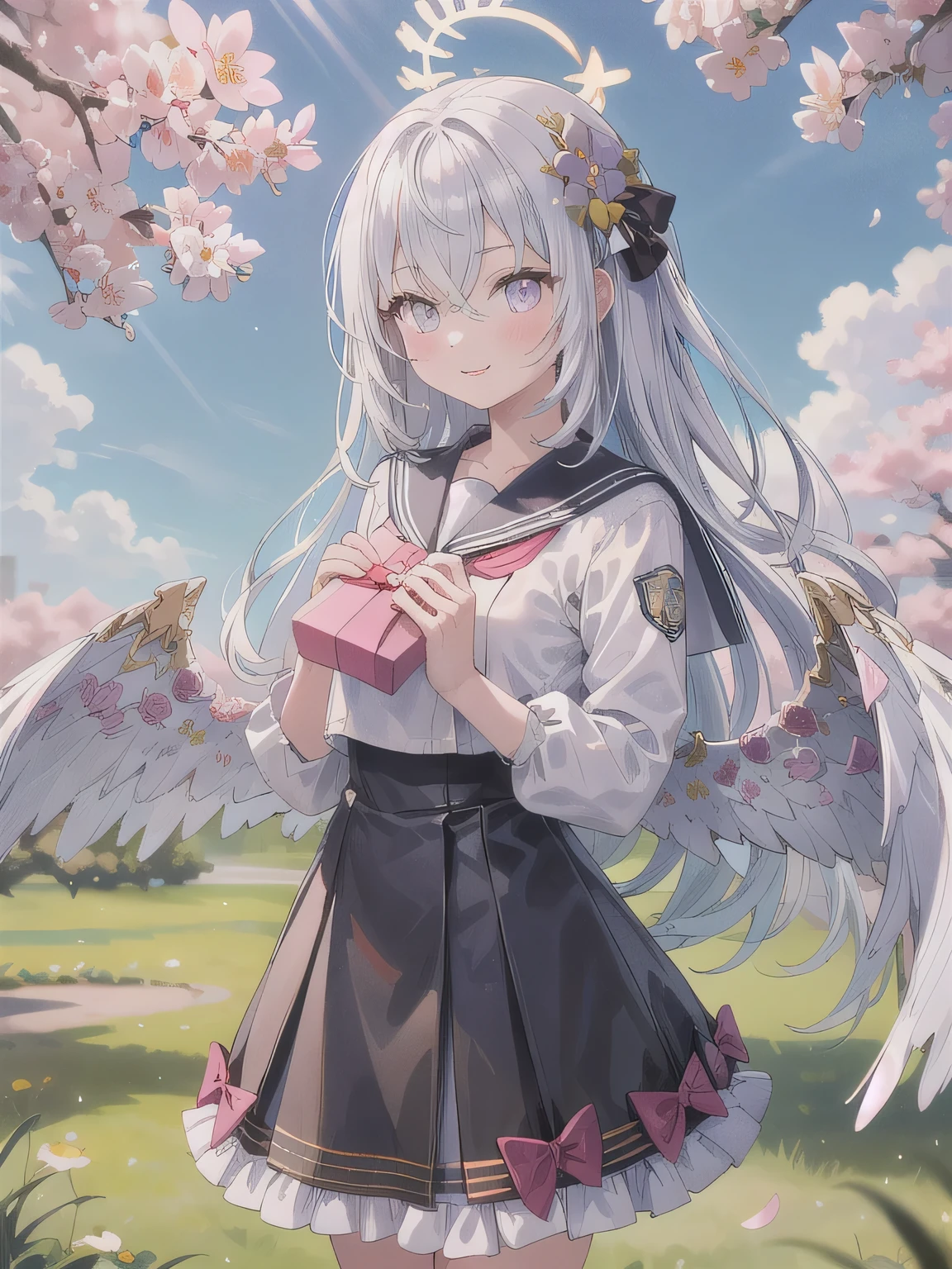 A stunningly beautiful 20-year-old woman stands in a lush green park full of cherry blossoms in full bloom under a clear blue sky. She is wearing a classic sailor uniform and holds a neatly wrapped gift box with a red ribbon in both hands in front of her chest. The box is small, wrapped in decorative paper, and tied with a bow. She looks very happy, with a radiant and joyful expression.A stunningly beautiful 20-year-old woman stands in a lush green park full of cherry blossoms in full bloom under a clear blue sky. She is wearing a classic sailor uniform and holds a neatly wrapped gift box with a red ribbon in both hands in front of her chest. The box is small, wrapped in decorative paper, and tied with a bow. She looks very happy, with a radiant and joyful expression. Purple eyes, long silver hair.