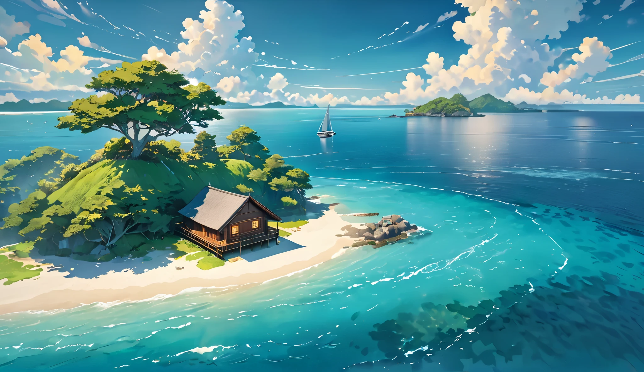 A breathtaking 4K aerial view of a tiny, lush green island surrounded by the vast, deep blue ocean. The island features a cozy wooden house with smoke gently rising from its chimney, indicating a warm fire inside. A single large tree stands beside the house, its leaves swaying in the breeze. The island is enveloped by soft, fluffy clouds, creating a dreamy and serene atmosphere. Sunlight breaks through the clouds, casting a golden glow on the water and island, enhancing the tranquil and picturesque scenery. The ocean transitions from a rich turquoise near the island to a deeper navy as it stretches outward.