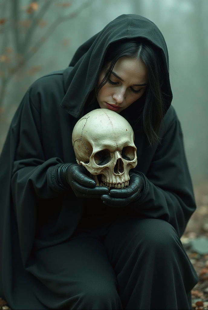 The witch holds a skull on her hand
