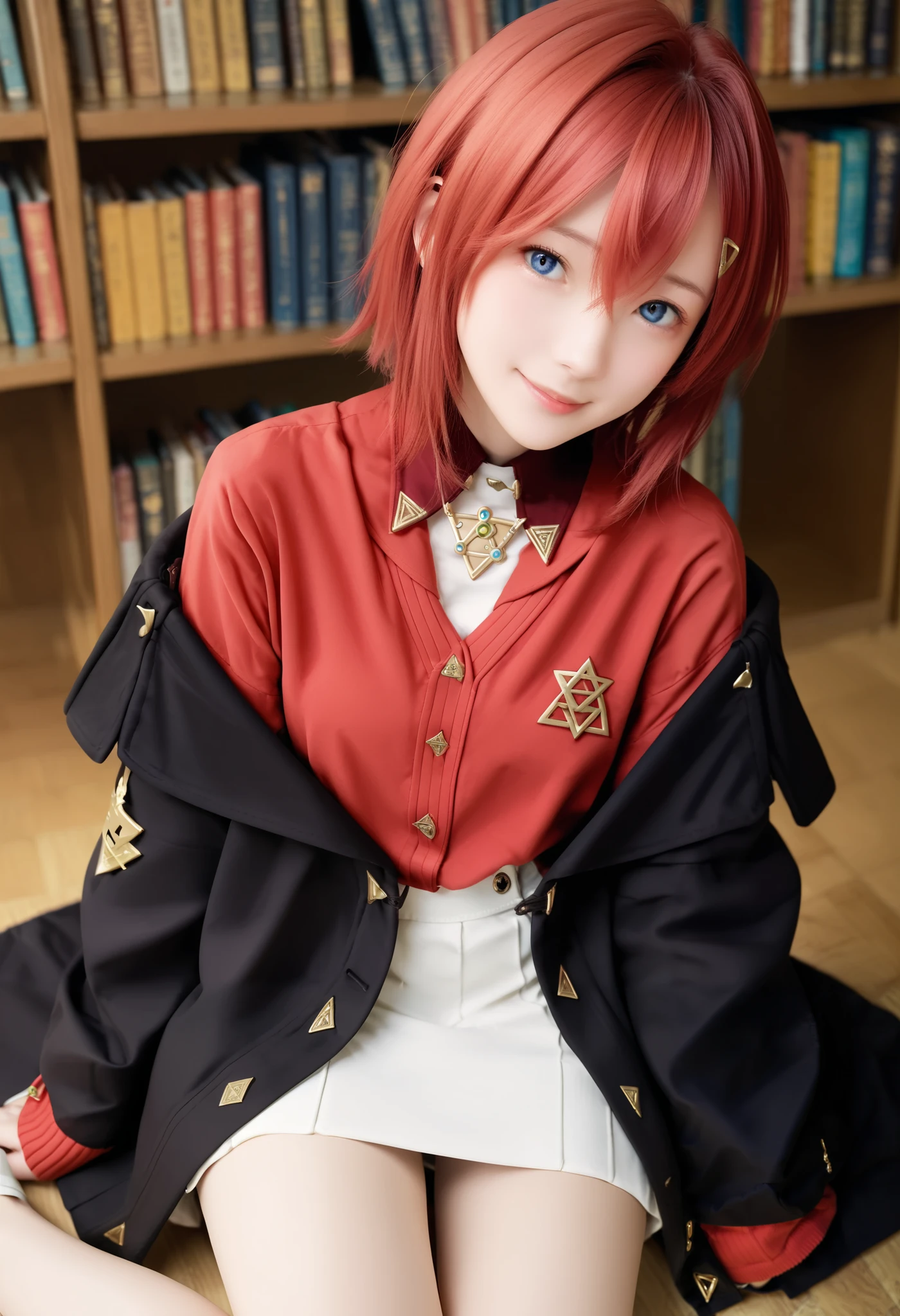 ak1, blue eyes, red hair, short hair, hair between eyes, hair intakes, hairclip, Hair Ornament ,
Cardigan, red Cardigan, off shoulder, coat, black coat, long coat, jacket, black jacket, white skirt, bare legs,
score_9, score_8_ up the side, score_7_ up the side, rating_safe, by Nomi, photo by Nomi, Masterpiece, highest quality, intricate details,
room surrounded by books , sits on the floor, above, smiles,