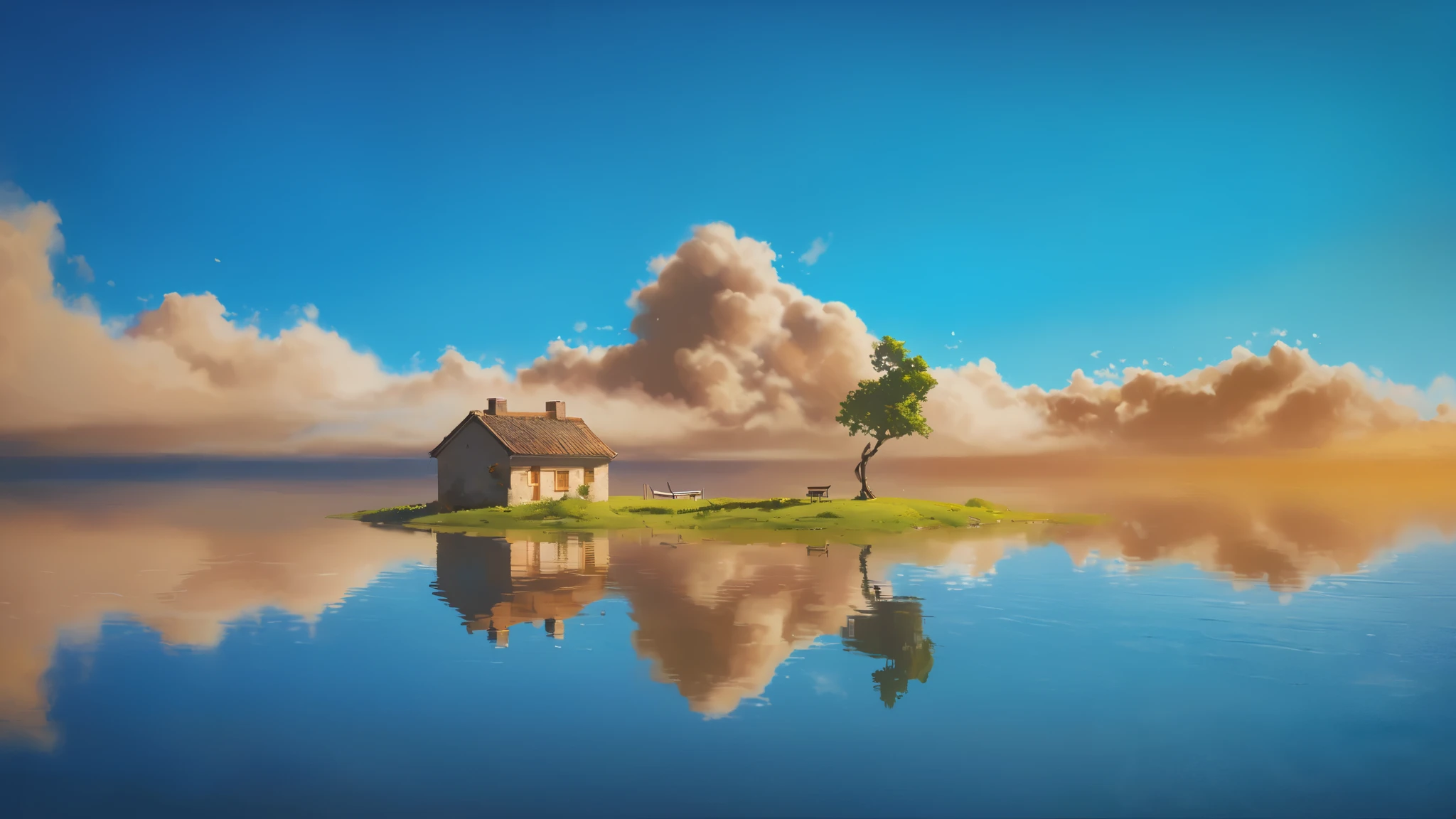 A stunning 4K (5120x2880) digital painting of a tiny, serene island floating in a calm, reflective ocean. The island features a cozy stone cottage with a warm brown tiled roof and two chimneys, with faint smoke rising gently. Beside the house, a single, slightly leaning tree with lush green leaves stands, adding to the peaceful atmosphere. A small wooden bench sits nearby, facing the horizon. A white clothesline with laundry flutters lightly in the breeze. The sky is a brilliant blue with soft, fluffy clouds, bathed in golden sunlight, casting warm tones onto the scene. The still water perfectly mirrors the island, house, and sky, creating a dreamy, almost surreal effect. The composition is peaceful, warm, and beautifully balanced, evoking a sense of solitude and tranquility.