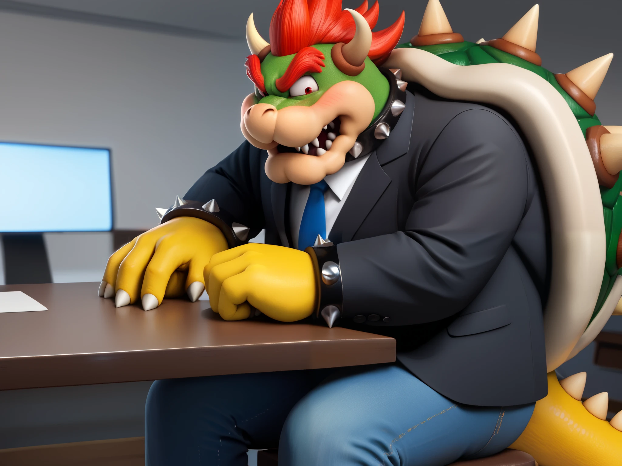 Bowser, Spiked Bracelets, Spiked Collar, Spiky Shell, red eyes, large tail, yellow body/skin, wide eyes, big body, Anime, (posted on e621), in the office room, From inside sitting on chair, next to the table, Digital Art, lineart, (black suit and long jeans, brown shoes), blush, embarrassed, heavy breathing), intricate_details_xl, Masterpiece, Anatomically Correct, Accurate, Close-Up, High Resolution, Best Quality, Textured Skin, 3D Rendering, Pixar, Soft Lighting, Timeless Modern, Unreal Engine,