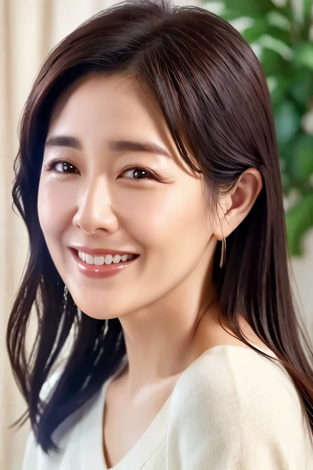 A close up of a woman with long hair smiling at the camera - SeaArt AI
