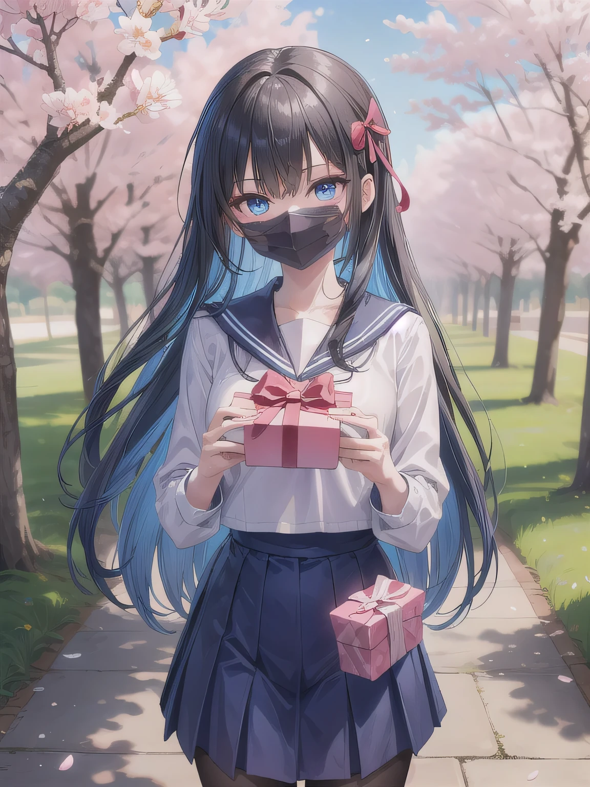 A stunningly beautiful 20-year-old woman stands in a lush green park full of cherry blossoms in full bloom under a clear blue sky. She is wearing a classic sailor uniform and holds a neatly wrapped gift box with a red ribbon in both hands in front of her chest. The box is small, wrapped in decorative paper, and tied with a bow. She looks very happy, with a radiant and joyful expression.A stunningly beautiful 20-year-old woman stands in a lush green park full of cherry blossoms in full bloom under a clear blue sky. She is wearing a classic sailor uniform and holds a neatly wrapped gift box with a red ribbon in both hands in front of her chest. The box is small, wrapped in decorative paper, and tied with a bow. She looks very happy, with a radiant and joyful expression. Blue eyes, blue hair, long hair, mask, mouth mask.