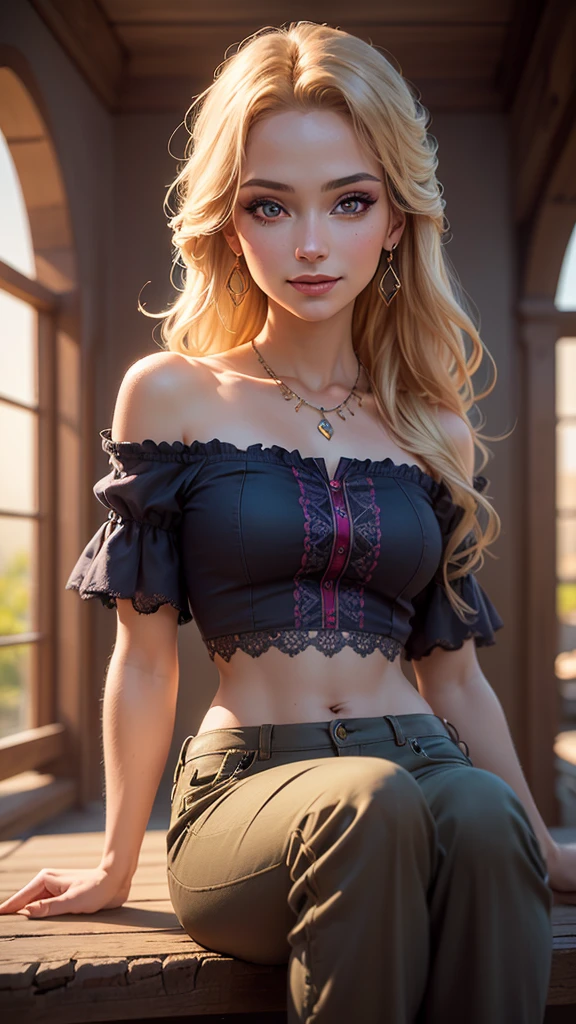 24-year-old Caucasian woman、Hair color is platinum blonde and purple gradation、Hair is wavy、Eye color is blue、long hair、slender、smile、beautiful breasts、slenderだが均整の取れた細マッチョな身体、She is wearing a transparent blouse with frills.、She&#39;s wearing a frilly arm dress、I'm wearing jeans、wearing high heels、I&#39;m on an observation deck high up in Europe with a great view.、I grabbed the railing and looked at the scenery below.、smile、wearing hair ornaments、setting hair、Hair flutters in the wind、beautiful woman, orange eyes, (blush your nose), fine eyes, cinematic, paint:Greg Rutkowski, Yoji Shinkawa: 0.6 long curly orange hair, defined body, Wearing detailed Victorian-era armor (((Super strong)), masterpiece, highest quality, super detailed, ground, destroyed city background, Shadow, contrast, gray sky, style (look at the audience: 1.2) (skin texture) (film grain:  1.3), ultra high resolution, octane rendering, 16