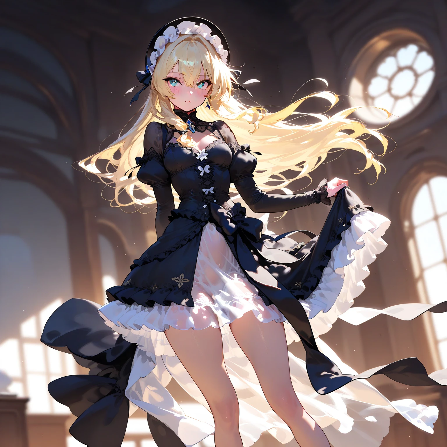 (Best quality, highest resolution, 8k, 1 girl, solo), vampire girl, open mouth, smiling, grinning, mature woman, medium breasts, bare shoulders, ((detailed amethyst eyes, yellowish hair, light yellow hair, twintails with red ribbons, black fringes, tight gothic corset, detailed corset,blue and yellow colours)), thick eye_liner, close_up, (standing on a bridge, near a river, holding an intricate umbrella) , ((long skirt, white pantyhose))