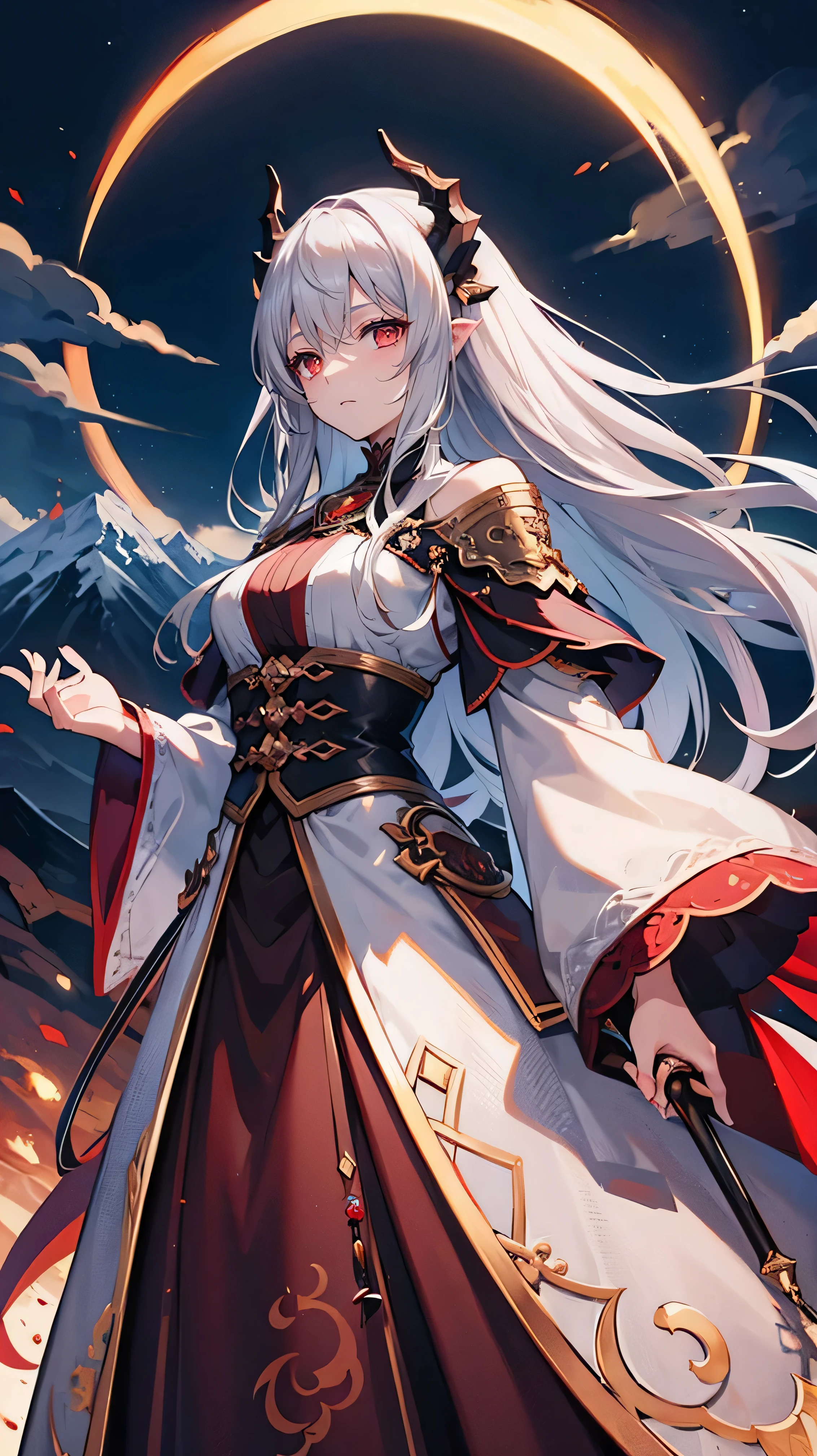 brown skin、Silver long hair、Beautiful hands、 HD、delicate、Moonlit Night、 red eyes、whole body、mountains、 Dragon Horn、whole body、Dragon's Tail、Dragon's Wing、 Retrospective Posture