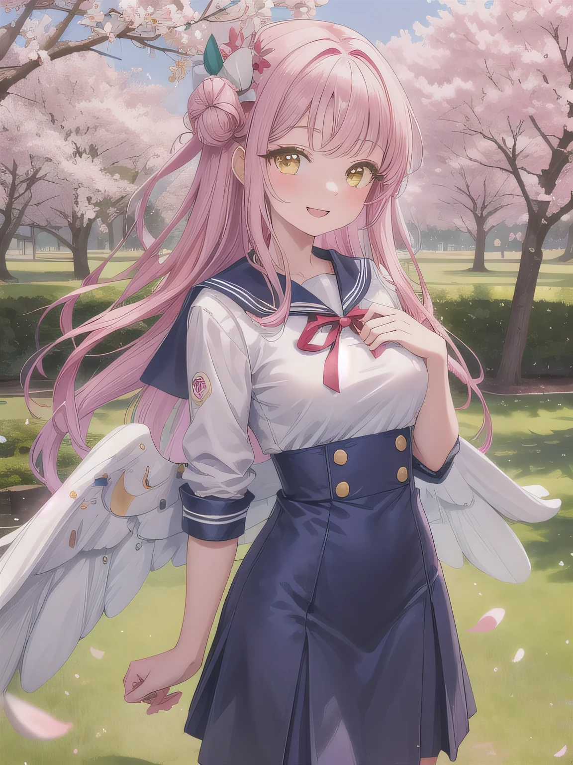 A stunningly beautiful 20-year-old woman stands in a lush green park full of cherry blossoms in full bloom under a clear blue sky. She is wearing a classic sailor uniform and holds a neatly wrapped gift box with a red ribbon in both hands in front of her chest. The box is small, wrapped in decorative paper, and tied with a bow. She looks very happy, with a radiant and joyful expression.A stunningly beautiful 20-year-old woman stands in a lush green park full of cherry blossoms in full bloom under a clear blue sky. She is wearing a classic sailor uniform and holds a neatly wrapped gift box with a red ribbon in both hands in front of her chest. The box is small, wrapped in decorative paper, and tied with a bow. She looks very happy, with a radiant and joyful expression. Golden eyes, long hair, pink hair.