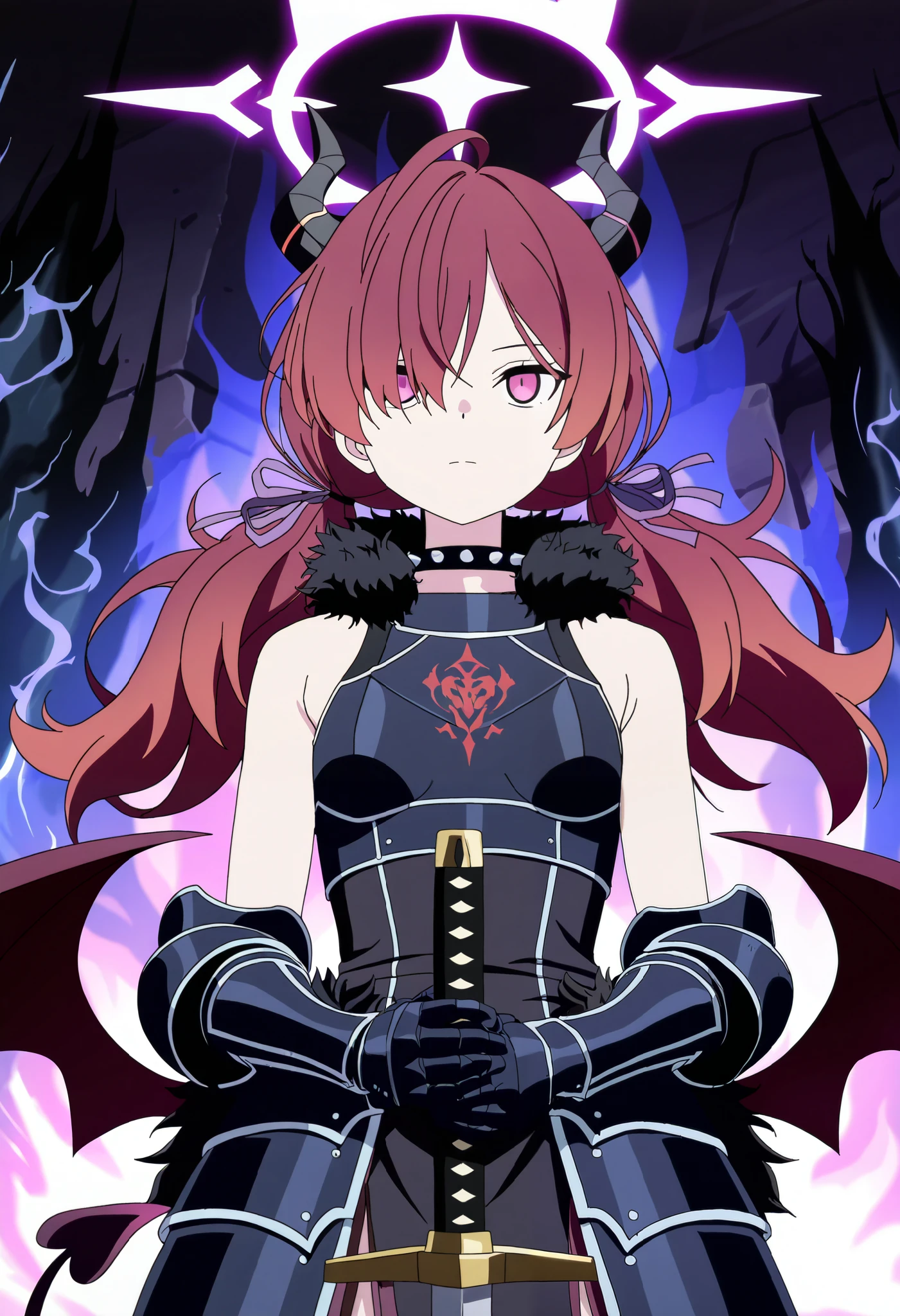 1girl, purple halo, glowing halo, aura halo, slender, small breasts, solo, explosive background, black fire, dynamic angle, upper body, 1sword, katana sword, glowing, black sword, holding, sword focus , standing, demon horns, demon wings, back wings, red wings, demon tail, from front, looking ahead, expressionless, light skin, pink eyes, empty eyes, long hair, low twintails, purple ribbon, red hair, messy hair, hair over one eye, bangs, spiked choker, black tank top, breastplate, gauntlets, black armor clothes, fur collar, fur trim, cinematic lighting,  anime screencap, masterpiece, high score , great score, absurdres, 