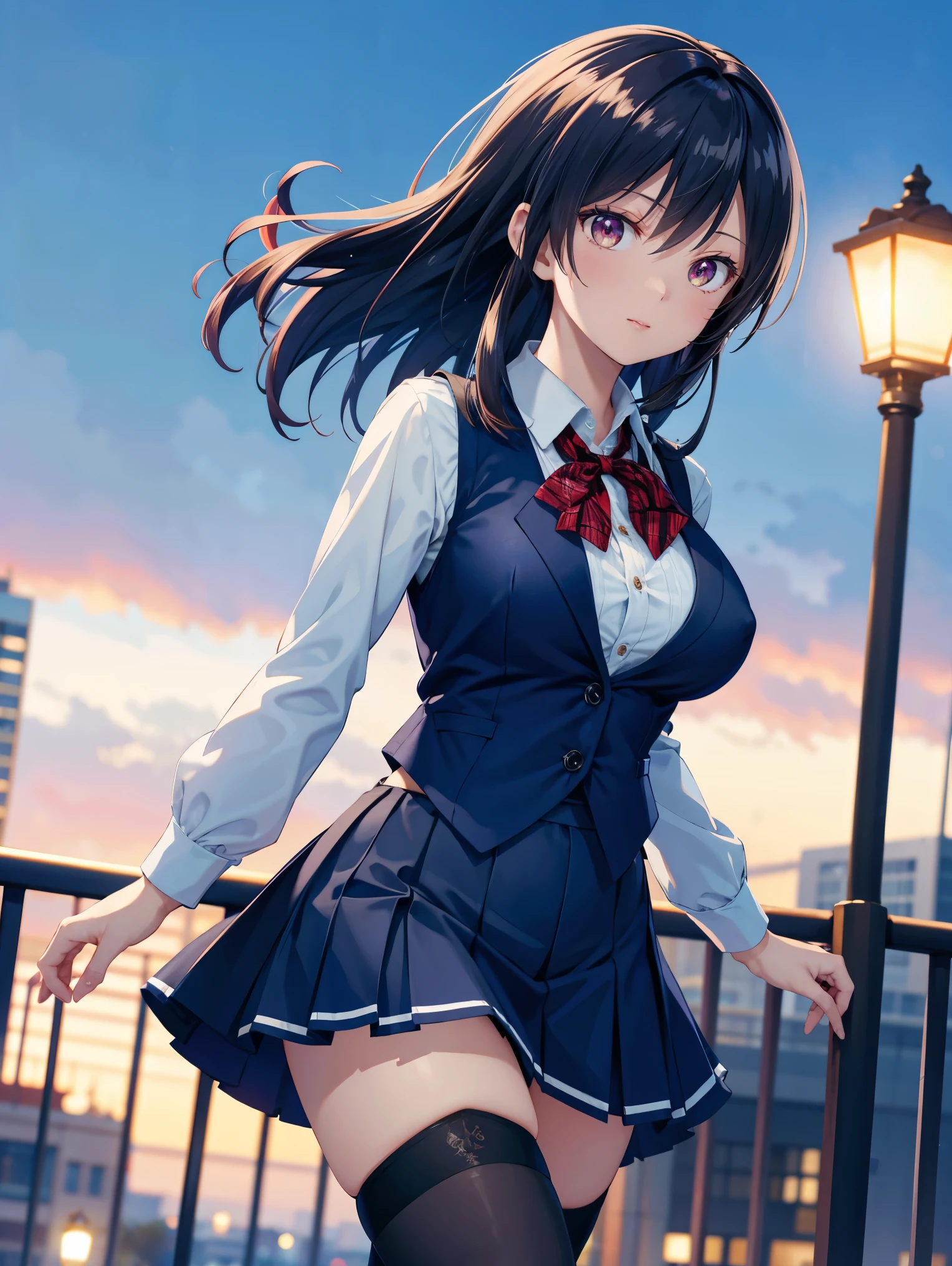 (masterpiece:1.2, top-quality), (realistic, photorealistic:1.4), beautiful illustration, (natural side lighting, movie lighting), , 
(looking at viewer), 1 girl, japanese, high school girl, perfect face, cute and symmetrical face, shiny skin, , 
(middle hair, high ponytail hair, black hair), hair between eyes, blue eyes, (middle breasts, seductive thighs, big ass), piercings, 
beautiful hair, beautiful face, beautiful detailed eyes, beautiful clavicle, beautiful body, beautiful chest, beautiful thighs, beautiful legs, 
(((navy blazer, close blazer), long sleeve white collared shirts, grey pleated mini skirt)), red bow tie, , 
(beautiful scenery), day time, park, (facing the front), (impatient expression, blushing cheeks, embarassed expression), (((skirt tug, wind lift))), 