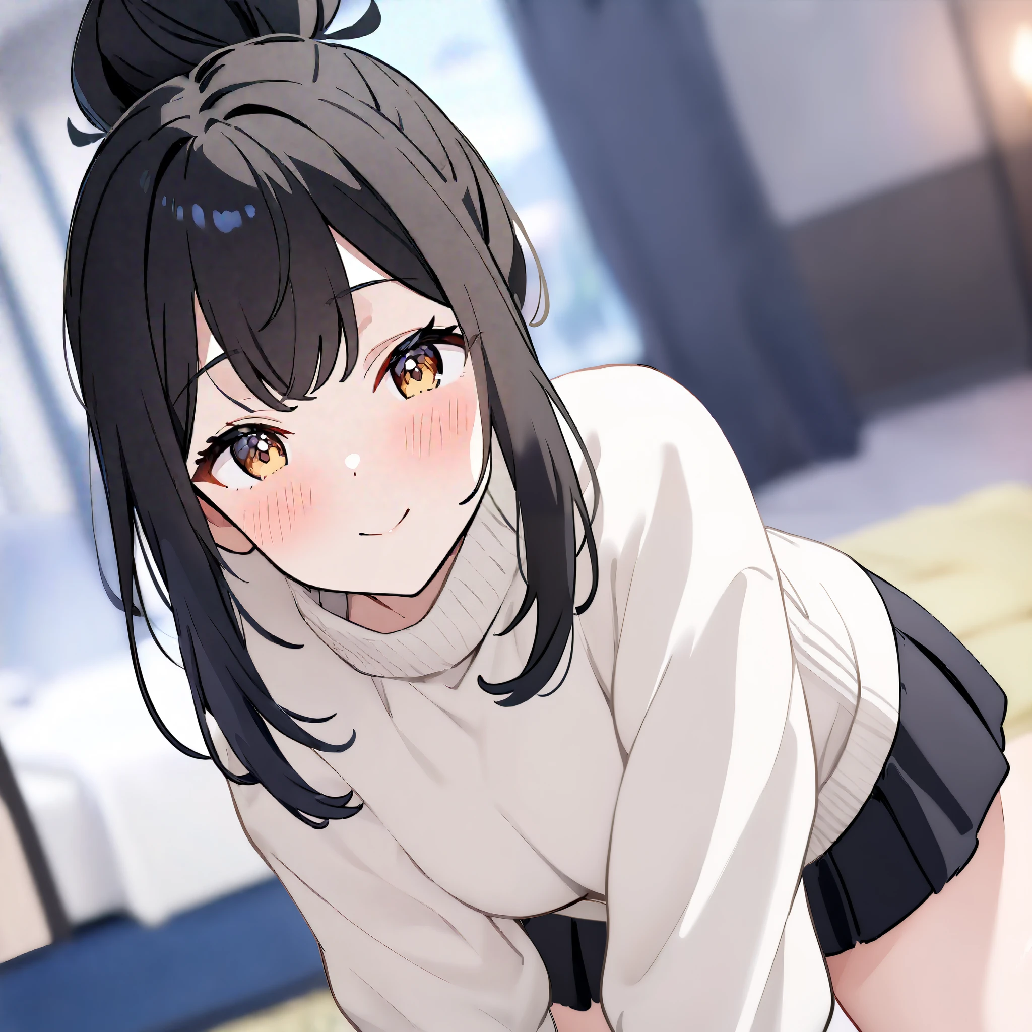 1girl, Solo, High Resolution, Looking at viewer, Breasts, Blush, High Resolution, Masterpiece, Anatomically Correct, Best Quality, High Details, HD, Textured Skin, Cute Pose, Dynamic Angle, Smile, Blush, Cute, Blurred Background, Close-Up, Bedroom's Hotel Background.
Black Hair, Single Hair Bun, Brown Eyes, White Oversized Sweater, Black Short Skirt