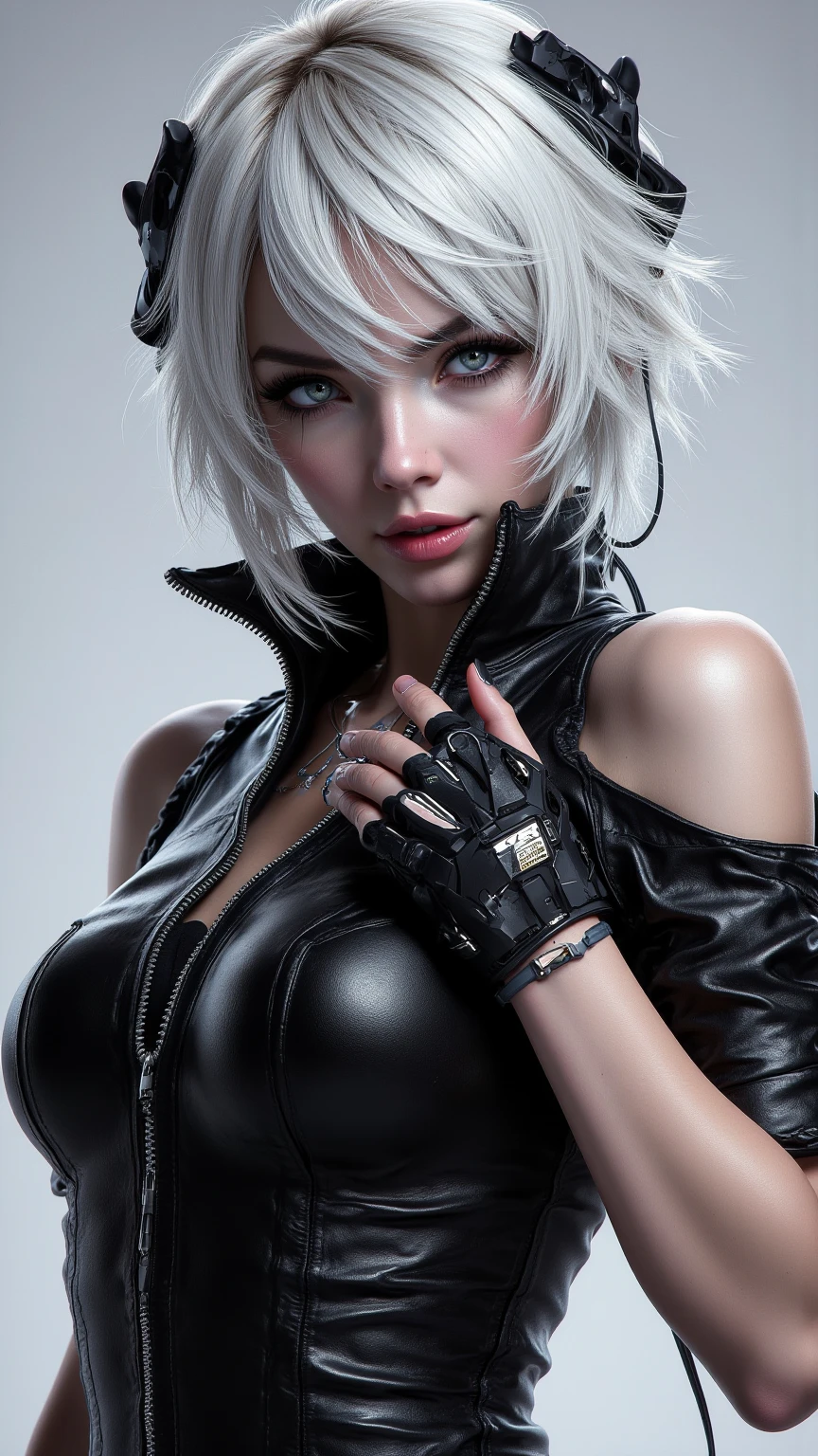 Best, Masterpiece, High Resolution, Best Quality, Ultra HD, Super Detail, Award-Standing, 16k, (Upper Body), Anatomically Correct, Beautiful Maiden, Gray Hair, Hair Strands, ((Heterochromia)), Hanging Corners, Fair Skin, (Small), (Slim Body), (Tuxedo)), Stud Earrings, (Neck Rings), (Very, Very Short Short Glove)