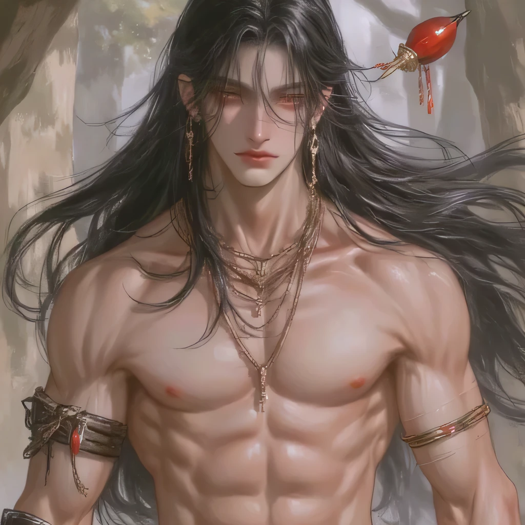 Realistic,Hot muscular Male concubine in the Han dynasty on his knees with legs spread apart, wearing an ancient revealing Chinese dress with a tight thong a huge bulge with long silky hair and masculine features with a serious face looking at the ground.Battle scars