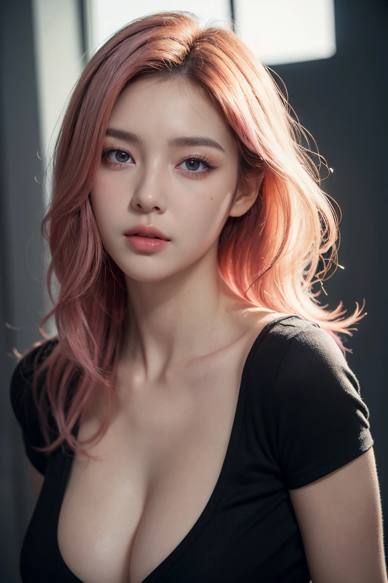 (RAW Photos, 最high quality), (Realistic, photo-Realistic:1.3), 最high quality ,masterpiece, Pitch black is the background、(((face to camera、Facing the front of the chest))、Portrait style、(Symmetrical body),Cleavage、 ((Big Ass, Big Breasts)), (beautiful girl), Vivid pink lipstick, Colorful Makeup, Long eyelashes, Earrings, Applying eyeliner, Fair skin, Pink Hair、(cute), (Detailed face), Big Eyes、 Detailed Iris, 8K Ultra HD, Digital SLR, Soft lighting, high quality, Beautifully detailed nose,, Realistic face, Pink Cat, A light smile, (Very detailed face: 1.5),  最high quality, Super detailed, masterpiece, In detail, 8k wallpaper, Pixie Cut、(sfw:1.8),Real、8K、(masterpiece), (Very complicated:1.3), (Realistic), 1 female、Women&#39;s photos、23 years old、round face、Blue Eyes、Close-up of face、Big Eyes、Drooping eyes、 short hair、The most beautiful in the world,, White skin、delicate、 Upper Body, night、 Strong lighting, Detailed professional photos of beautiful women, Sharp focus, Cinema Lighting, rendering , ( Blurred Background, Depth of written boundary),((Realistic)), ((Sharp focus)), (Highest Resolution), ((masterpiece)), Professional Cinema Lighting、 (Perfect hands), （Perfect Fingers)