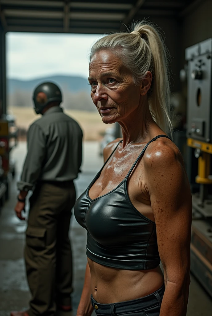 old 80yo woman is standing by a pneumatic hydraulické lis for old automobile, she is wearing latex tights, her long hair is tied in a ponytail, in the background you can see the view from the garage where the press is located, realistic design, realistic face with all the details,big breasts, latex top,muscle figure,plastis machine Engel,dirty oil on all body