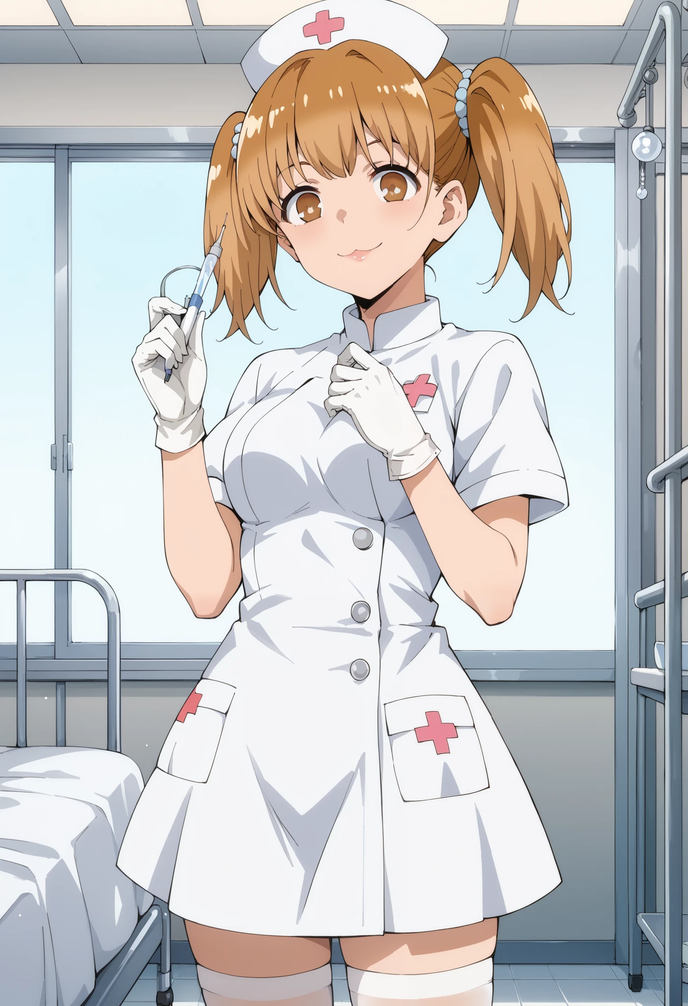 Score_9, score_8_up, score_7_up, source_anime, yoshi, solo, brown hair, twintails, brown eyes, (best quality), (high quality), {masterpiece}, extremely delicate and beautiful, ultra-detailed, beautiful detailed eyes, nurse, nurse hat, ((white nurse's outfit)), white gloves, white legwear, zettai ryouiki, hospital room, smile, :3, standing