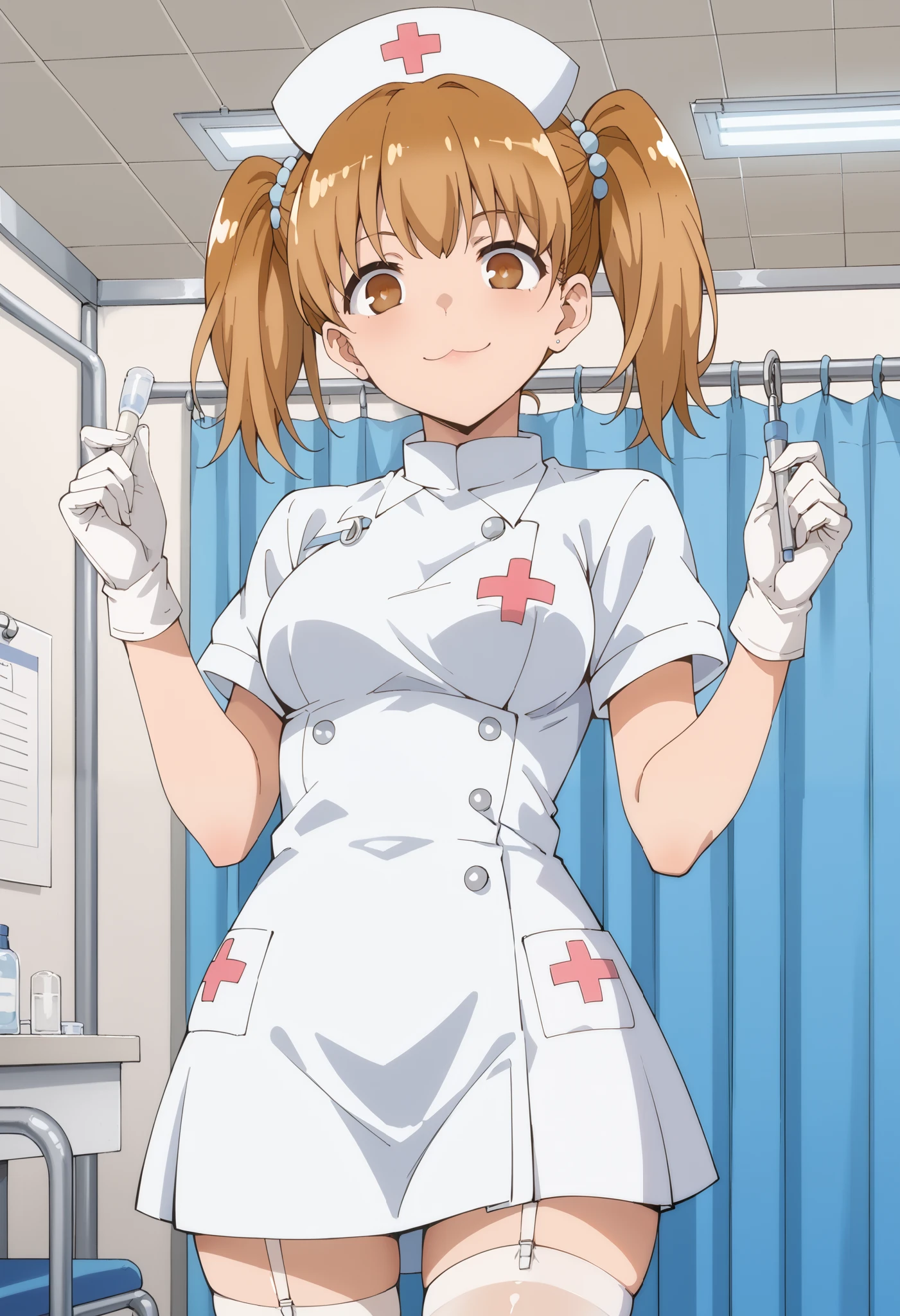 Score_9, score_8_up, score_7_up, source_anime, yoshi, solo, brown hair, twintails, brown eyes, (best quality), (high quality), {masterpiece}, extremely delicate and beautiful, ultra-detailed, beautiful detailed eyes, nurse, nurse hat, ((white nurse's outfit)), white gloves, white legwear, zettai ryouiki, hospital room, smile, :3, standing