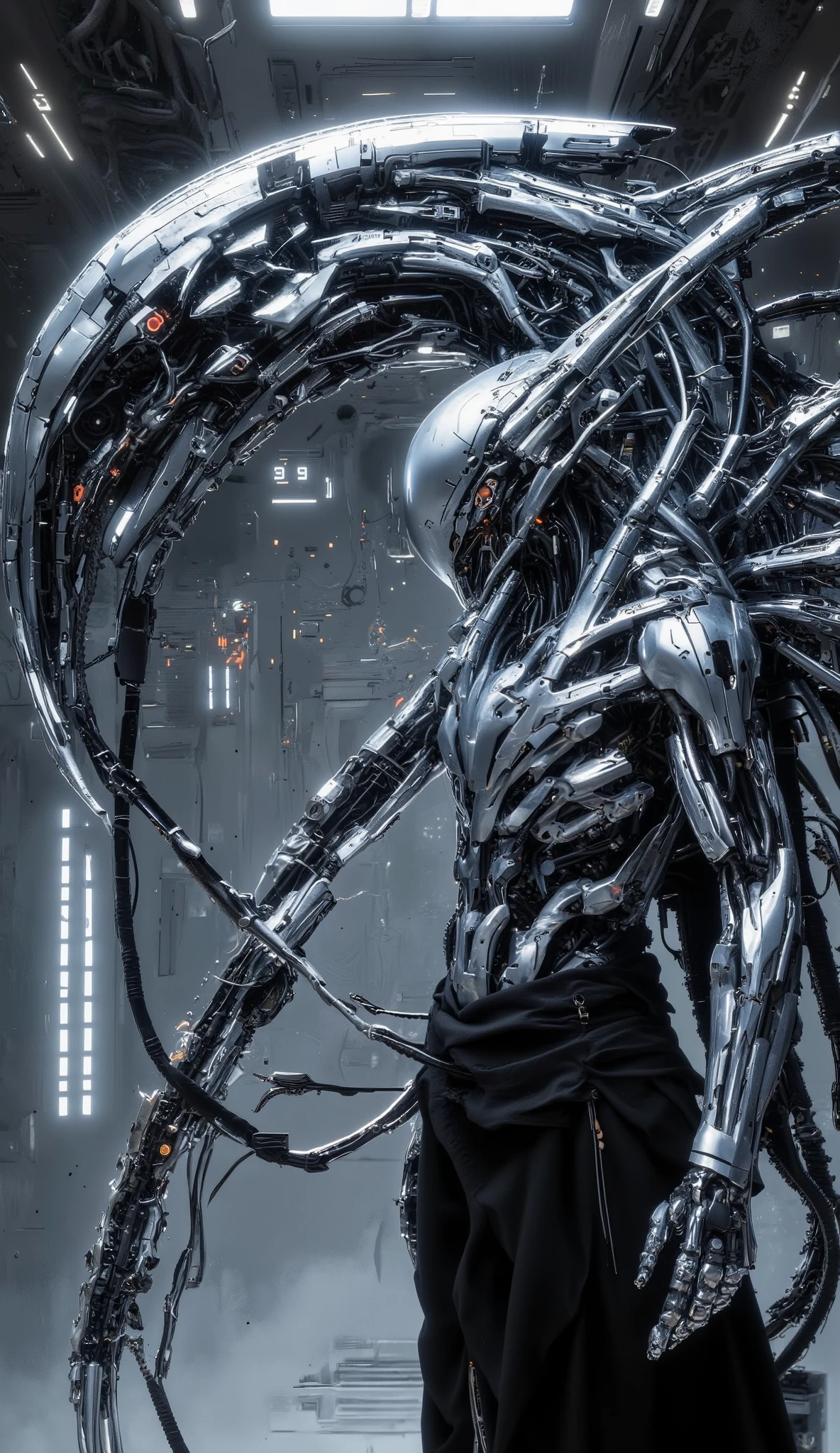 Futuristic robot man of chromium steel on his shoulder futuristic robot xenomorph stands stuttering in futuristic room