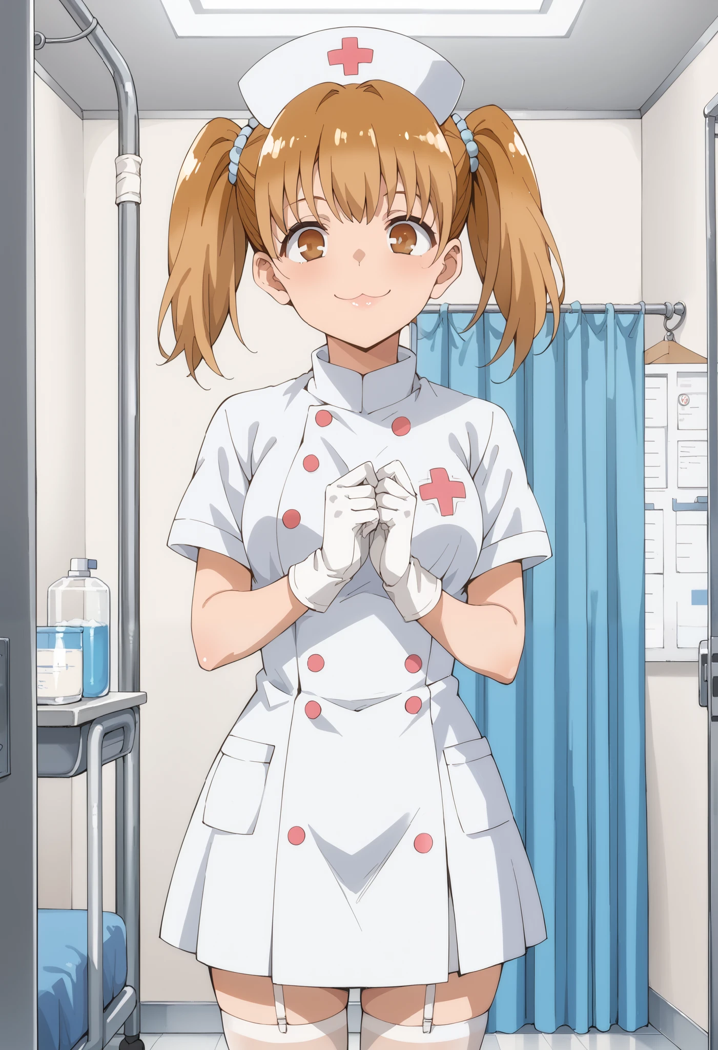 Score_9, score_8_up, score_7_up, source_anime, yoshi, solo, brown hair, twintails, brown eyes, (best quality), (high quality), {masterpiece}, extremely delicate and beautiful, ultra-detailed, beautiful detailed eyes, nurse, nurse hat, ((white nurse's outfit)), white gloves, white legwear, zettai ryouiki, hospital room, smile, :3, standing