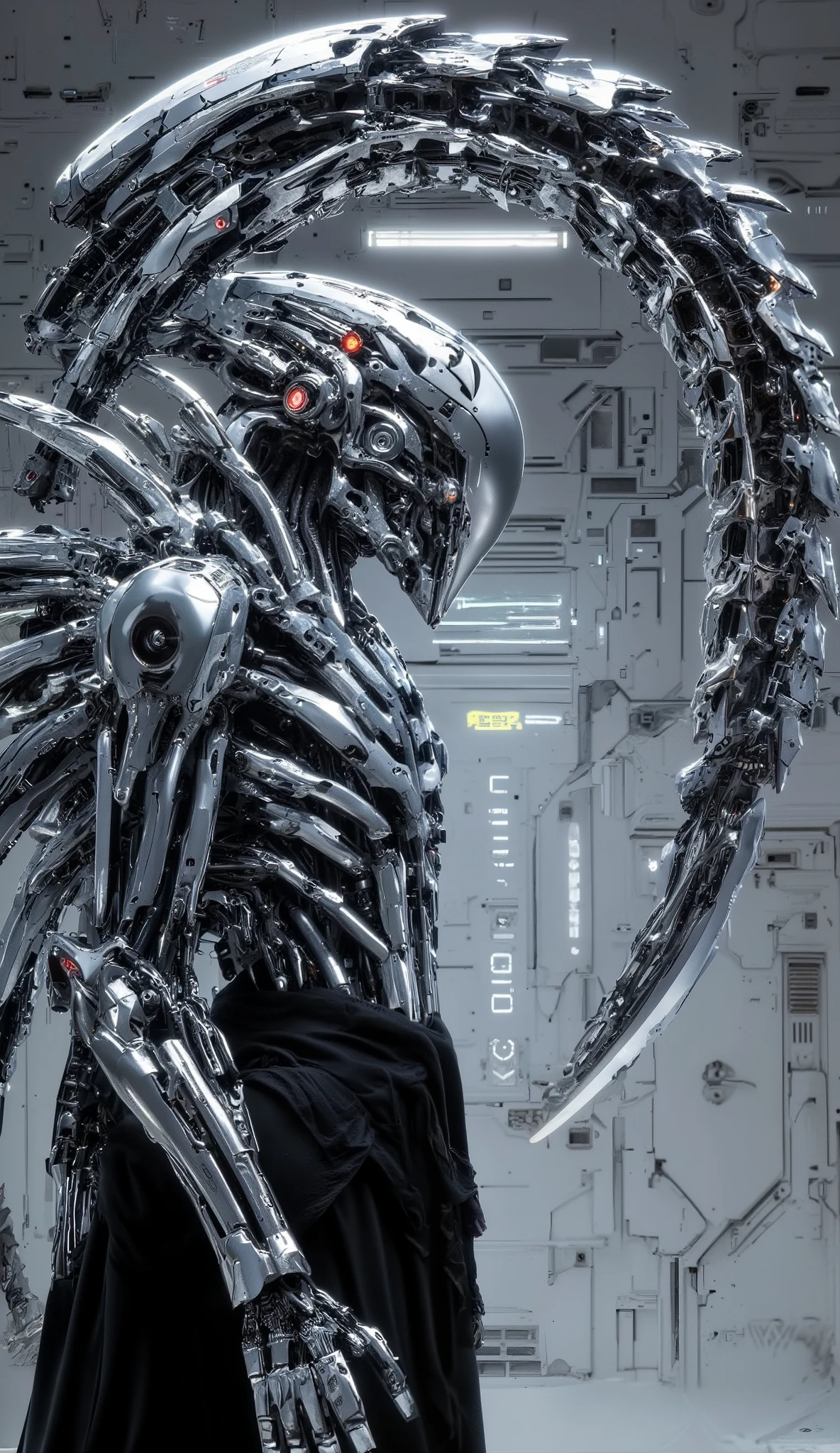 Futuristic robot man of chromium steel on his shoulder futuristic robot xenomorph stands stuttering in futuristic room