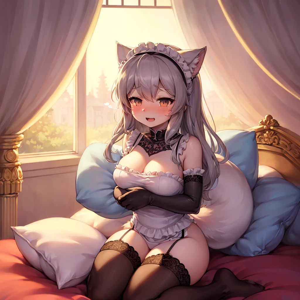 cat ears, long white hair, red eyes, ridiculously large breasts, bare breasts, light nipples, maid, room.