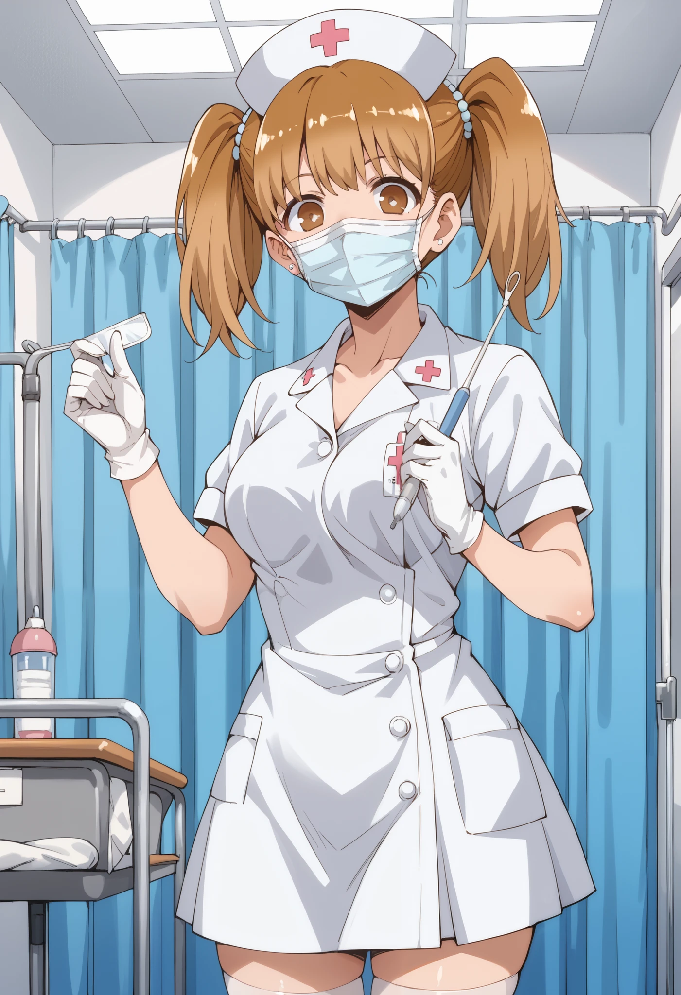Score_9, score_8_up, score_7_up, source_anime, yoshi, solo, brown hair, twintails, brown eyes, (best quality), (high quality), {masterpiece}, extremely delicate and beautiful, ultra-detailed, beautiful detailed eyes, nurse, nurse hat, ((white nurse's outfit)), white gloves, white legwear, zettai ryouiki, hospital room, ((white surgical mask, covered nose)), standing