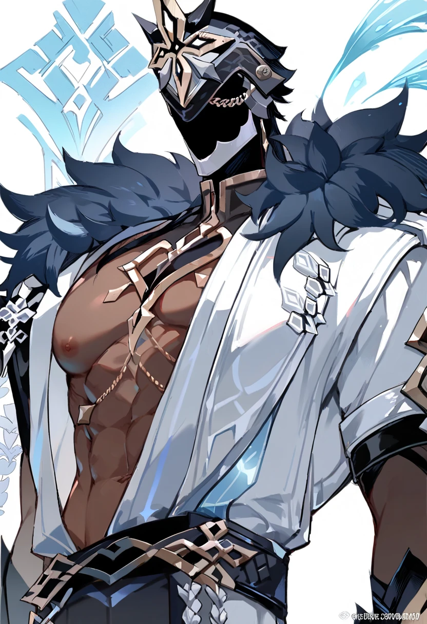 Man, tall, big, strong, black, elf, black, black skin, long hair, yellow eyes, elf, earring, emperor, domineering , Straight white hair, white hair, yellow eyes , black skin