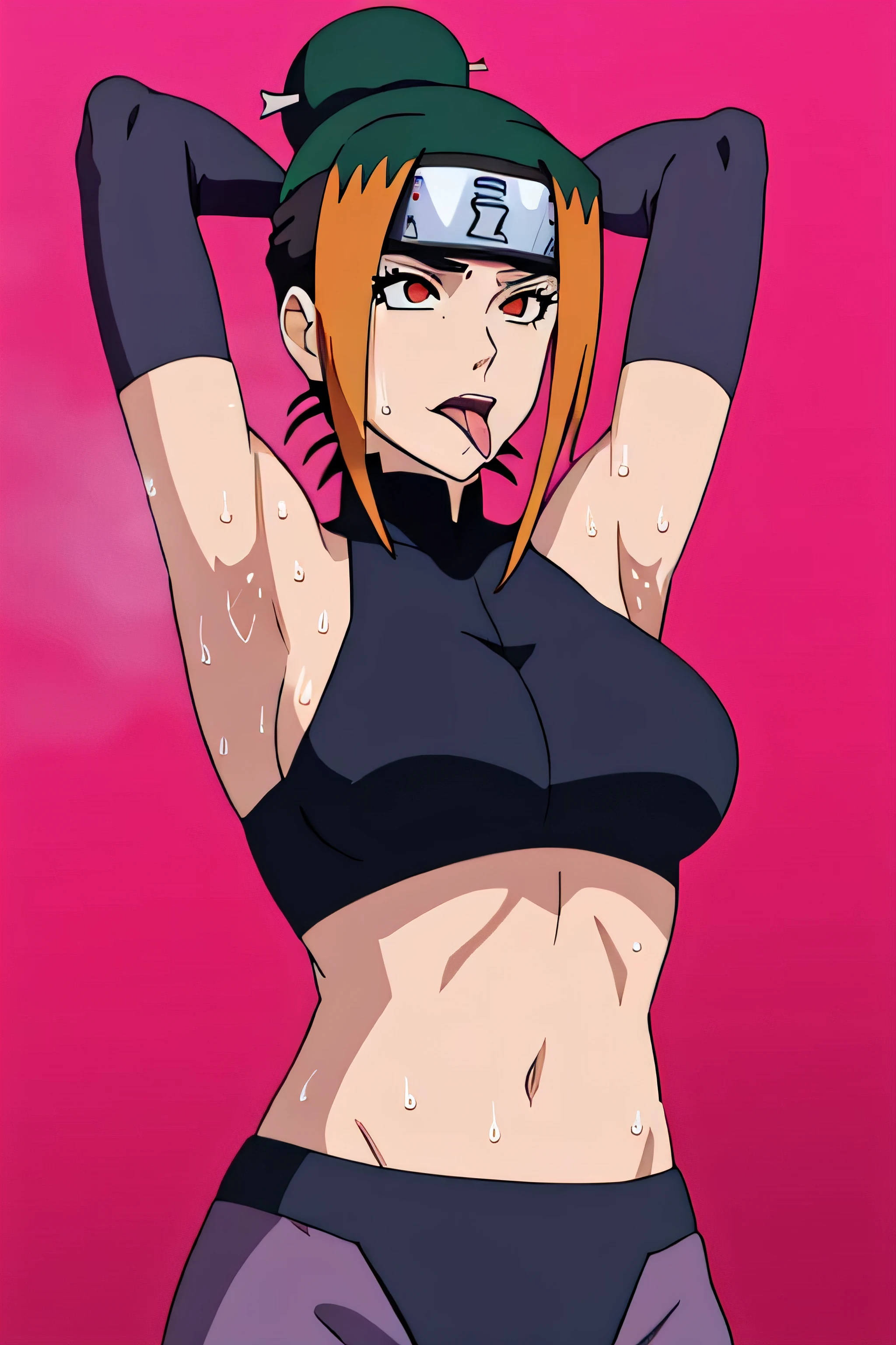 Pakura,human woman with fair skin.with orange eyes and black clothing. Her hair is orange/black in color; She is beautiful. Fair skin.Tsundere face. Pink eye shading,mature appearance,armpits,sweat,sweaty,sweaty armpits,arms up,showing armpits,awesome armpits,outfit,blackish red arm warmers,black arm bands,black arm warmers,tongue