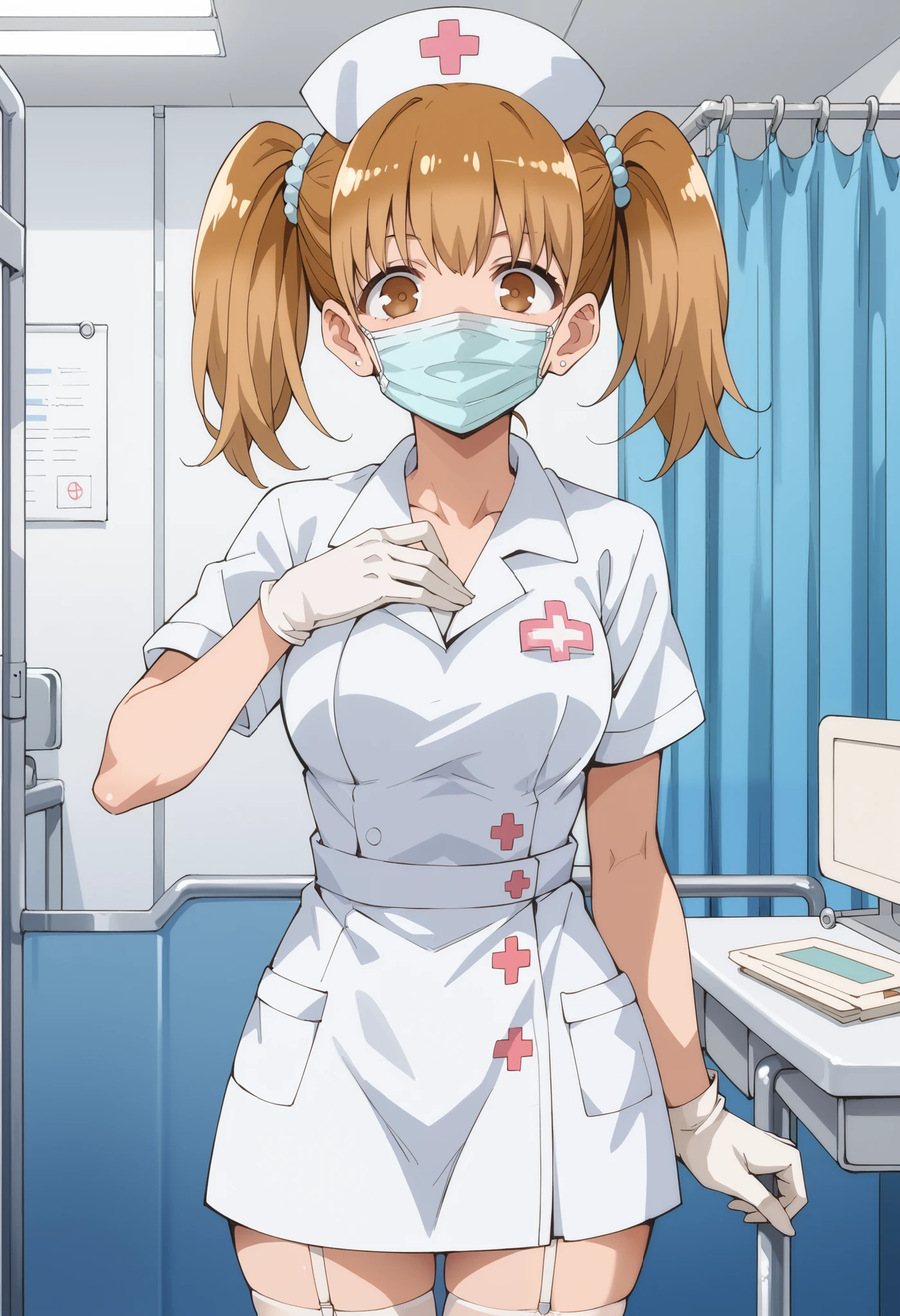 Score_9, score_8_up, score_7_up, source_anime, yoshi, solo, brown hair, twintails, brown eyes, (best quality), (high quality), {masterpiece}, extremely delicate and beautiful, ultra-detailed, beautiful detailed eyes, nurse, nurse hat, ((white nurse's outfit)), white gloves, white legwear, zettai ryouiki, hospital room, ((white surgical mask, covered nose)), standing
