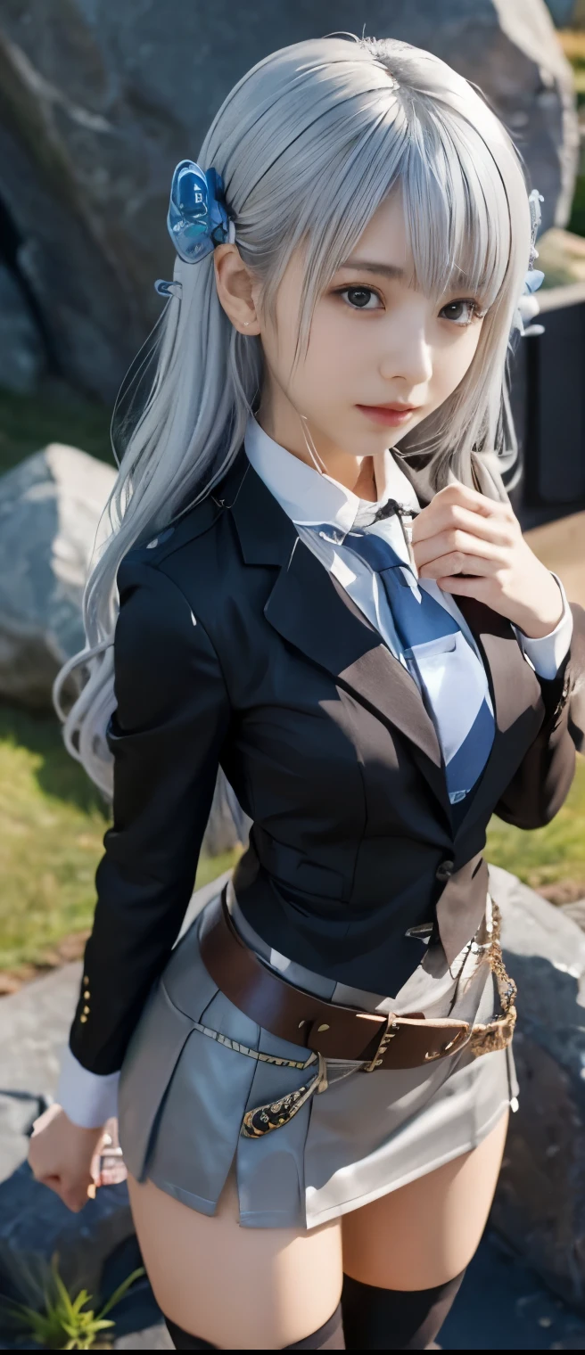 cool stone idol girl( silver hair)、A pure girl's face、 hypo、、 Stone Uniform ( shirt with tie 、 tight mini skirt)、Rock Belt 、、 Glowing Rock Hand