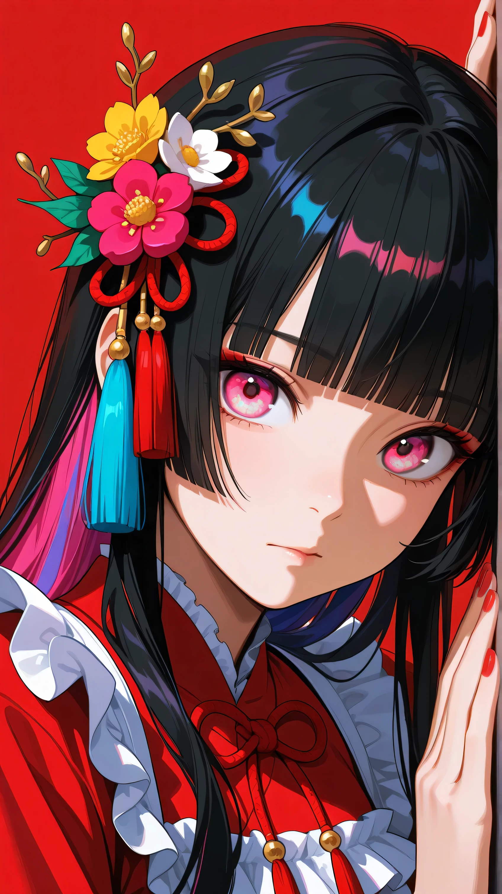 woman, Alone, red nails, viewers, bangs, pink eye, long hair, nail polish , black hair, Hair Ornament, hand against the wall, flower, blunt bangs, closed her mouth, Tassel, ribbon, portrait, colorful, red background , frills, multi colored hair, upper body, nail