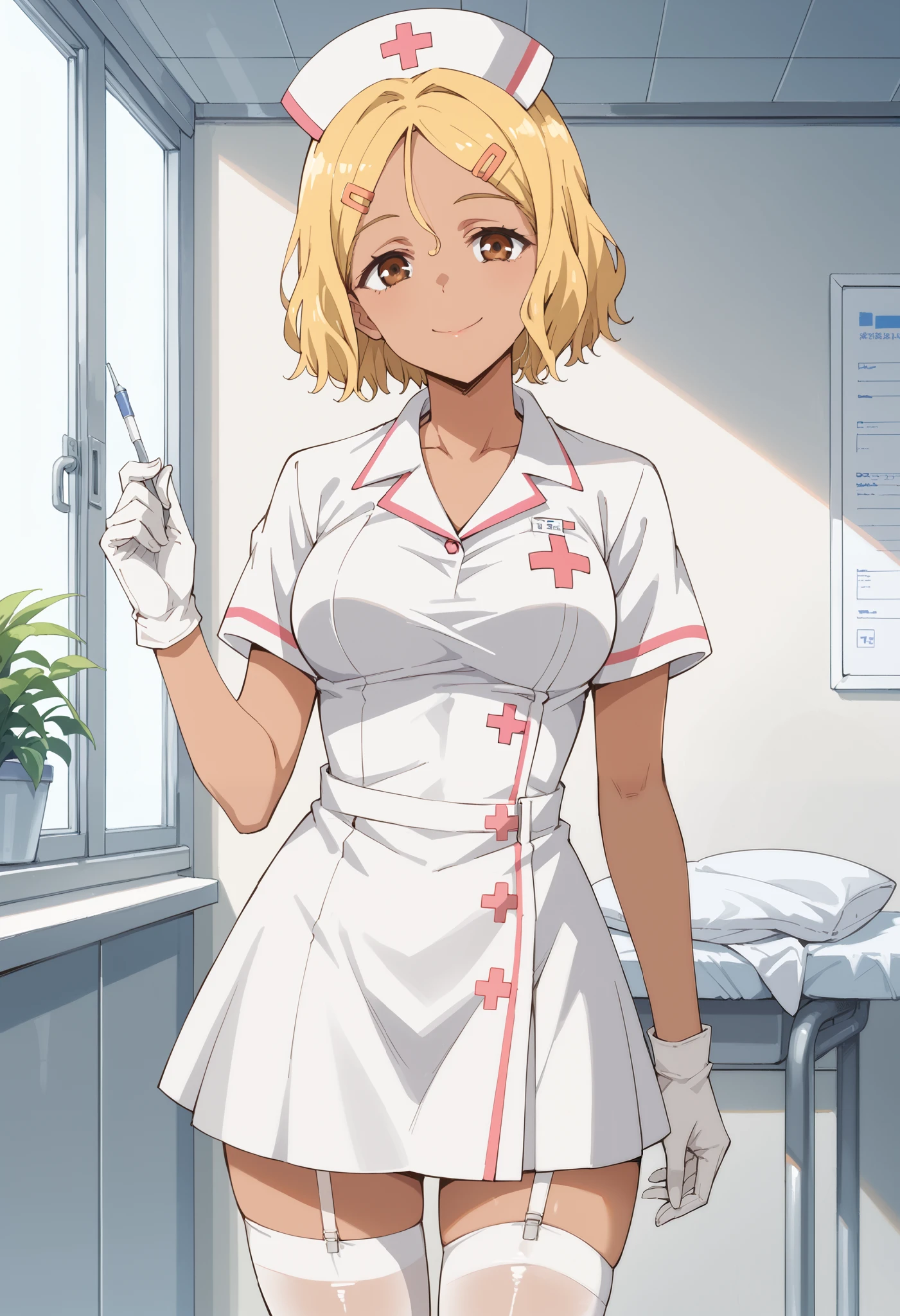 Score_9, score_8_up, score_7_up, source_anime, sakura, solo, short hair, blonde hair, hair ornament, brown eyes, hairclip, dark skin, dark-skinned female, (best quality), (high quality), {masterpiece}, extremely delicate and beautiful, ultra-detailed, beautiful detailed eyes, nurse, nurse hat, ((white nurse's outfit)), white gloves, white legwear, zettai ryouiki, hospital room, smile, closed mouth, standing