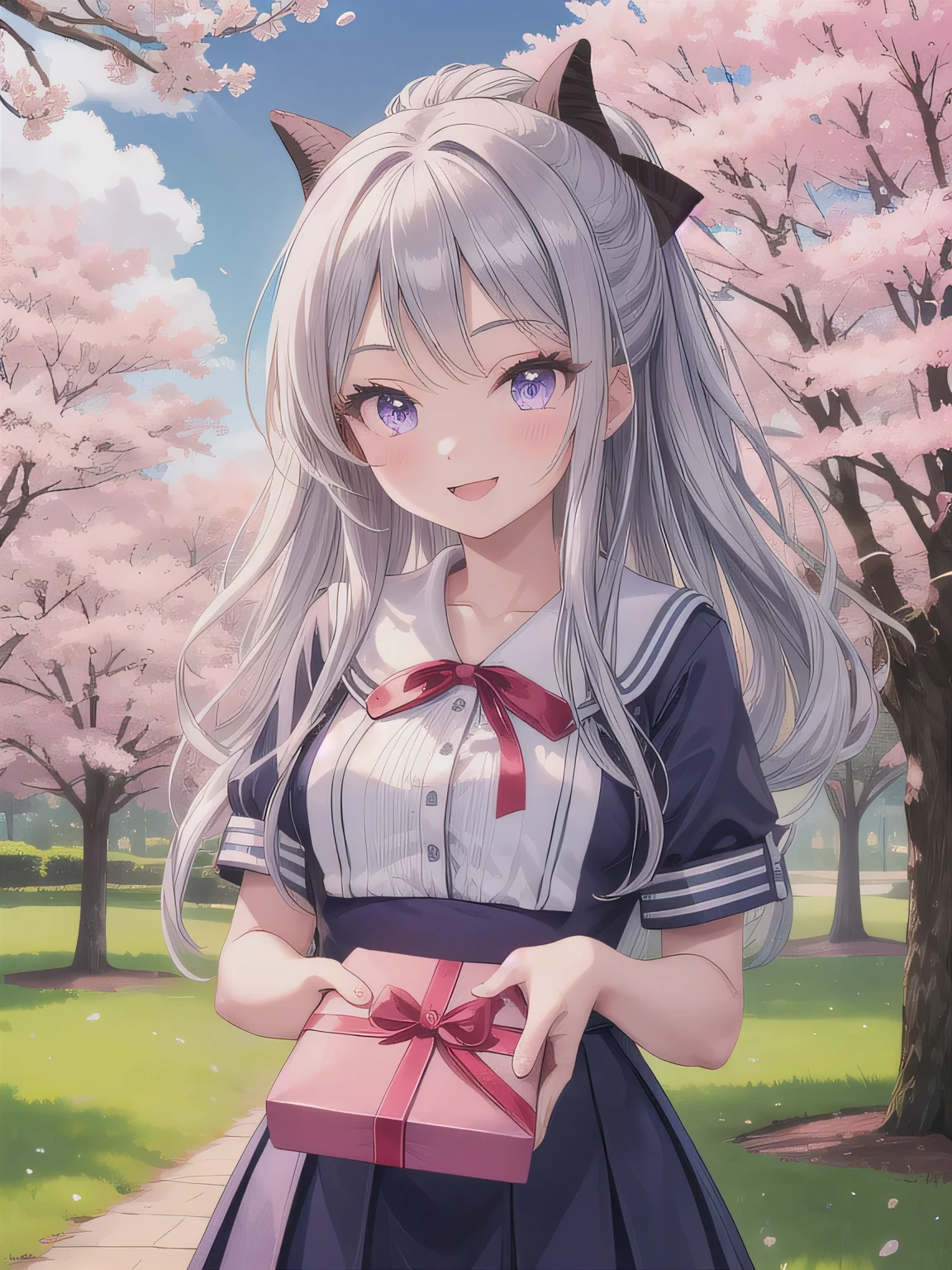 A stunningly beautiful 20-year-old woman stands in a lush green park full of cherry blossoms in full bloom under a clear blue sky. She is wearing a classic sailor uniform and holds a neatly wrapped gift box with a red ribbon in both hands in front of her chest. The box is small, wrapped in decorative paper, and tied with a bow. She looks very happy, with a radiant and joyful expression.A stunningly beautiful 20-year-old woman stands in a lush green park full of cherry blossoms in full bloom under a clear blue sky. She is wearing a classic sailor uniform and holds a neatly wrapped gift box with a red ribbon in both hands in front of her chest. The box is small, wrapped in decorative paper, and tied with a bow. She looks very happy, with a radiant and joyful expression. Purple eyes, silver hair, long hair.