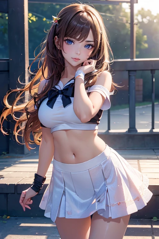 (((toppless))), (large full breasts), (((cleavage))), ((Smooth texture, Realistic texture, Photorealistic)), ((Detailed beautiful eyes, Beautiful eyelashes, emerald eyes)), brunette medium hair, extremely detailed CG unified 8k wallpaper, very fine 8KCG wallpaper, (masterpiece, Best Quality), High resolution, Ultra-detailed, ultra-sharp, 1 Lady, at poolside, ((( sheerwhite sailor shirt, Sleeveless, Open front))), (((Navel ))), (((Sheer Micro Mini Skirt))), (Beautiful face, Cute face, Detailed face), (((Cowboy Shot))), (((Sunny))), Perfect Eyes Eyes