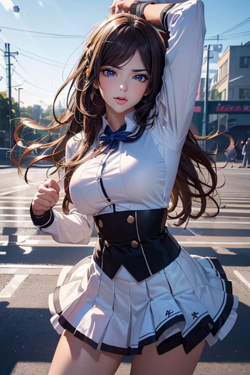 ((2girls)), ((Best Quality)), (Ultra-detailed), (extremely detailed CG unified 8k wallpaper), Highly detailed, High-definition raw color photos, Professional Photography, Brown hair, Amazing face and eyes, Pink eyes, (High School Uniform, Pleated mini-skirt:1.3), (High school uniform with wide open chest:1.35), (Beautiful big breasts), )(bared chest)), (amazingly beautiful girl), (((Bokeh))), depth of fields,