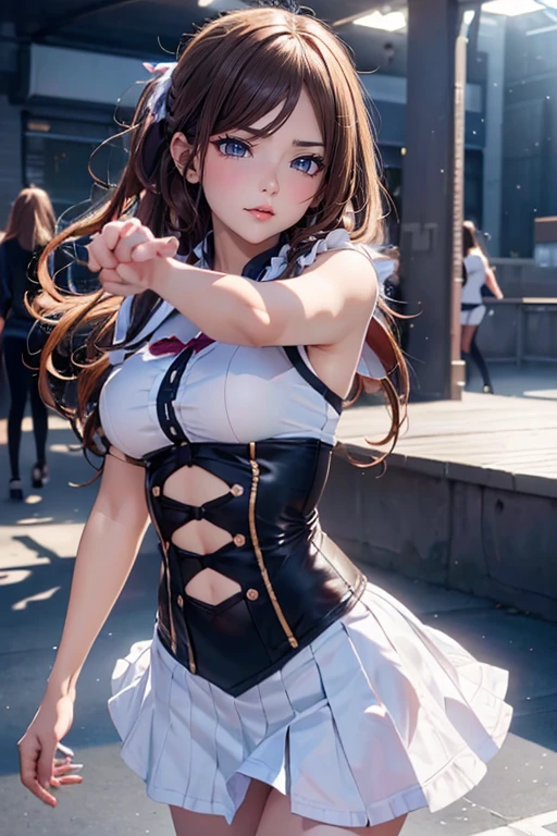 (masterpiece, best quality:1.2), Cowboy shooting, Solitary, 1 Girl, xp-tan, Smile, Shut up, looking at the audience, Black long hair, XP Hair Accessories, Separate sleeves, Blue skirt, High Leg Raise
