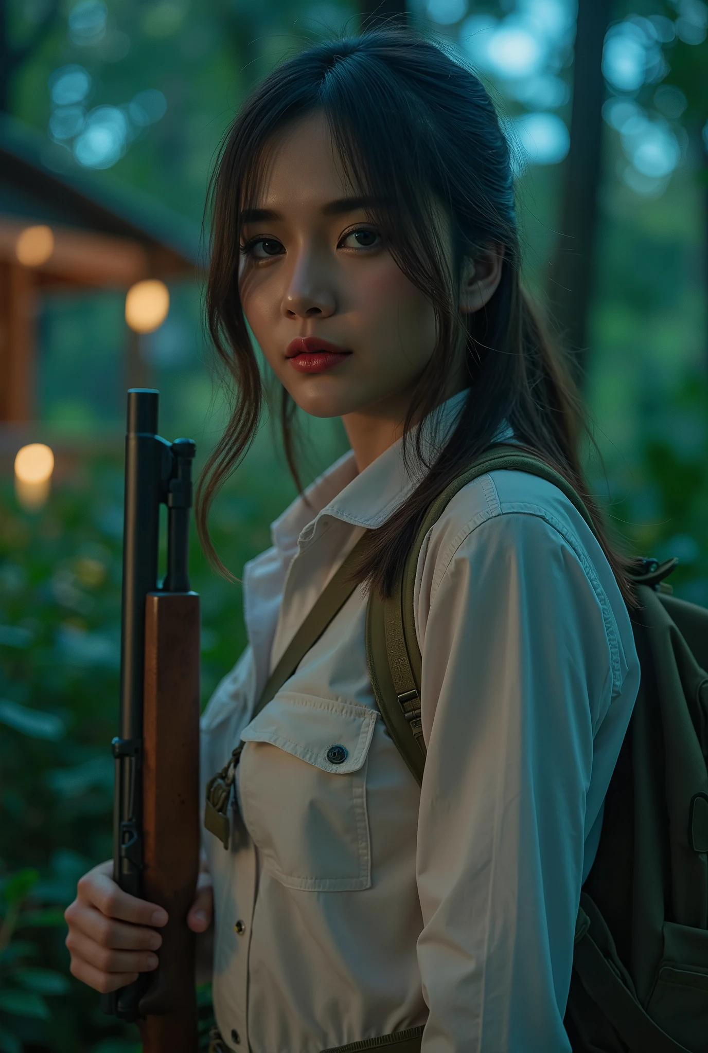 A beautiful 27-year-old Thai actress, with captivating eyes, detailed facial features, and a confident expression, wearing a white shirt and hiking gear, holding a hunter's rifle, standing in a primeval forest village at midnight, in an intense, action-movie-style scene, (best quality,4k,8k,highres,masterpiece:1.2),ultra-detailed,(realistic,photorealistic,photo-realistic:1.37),cinematic lighting,dramatic colors,moody atmosphere,intricate details,hyper realistic,award winning photograph