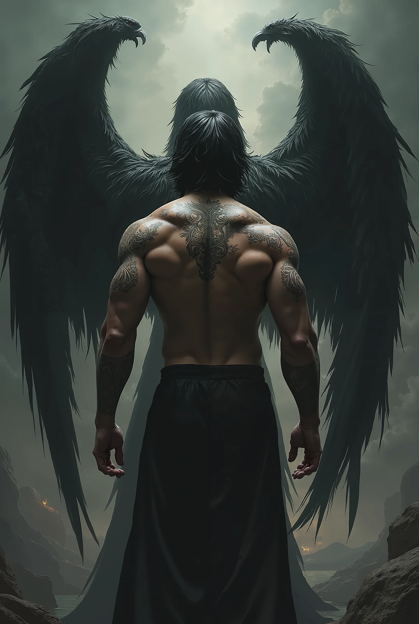 ((fallen Angel! large black angel wings! perfect composition)) ((Unintentionally exposing chest muscles.)) body hair, ((chest hair++)), elegant macho, male face, attractive face, Elegant and attractive, elegant hombre, Attractive man, elegant, posing attractive, Attractive man, 30 year old man!Raise your little head, Chimney ((first portrait!)) Headspace! Charming and serious look (hombre elegant,Minimal Dress, in an embarrassing position,Perfect body anatomy,Beautiful man face detail,perfect foot,perfect hand!Ultra low angle shot! An image of a character wearing a necklace with an emerald crystal, realistic muscles, human representation style, meritocracy, the romantic academy, State-sanctioned Violence, whole body, dark gym, coloring Waiting to start.
