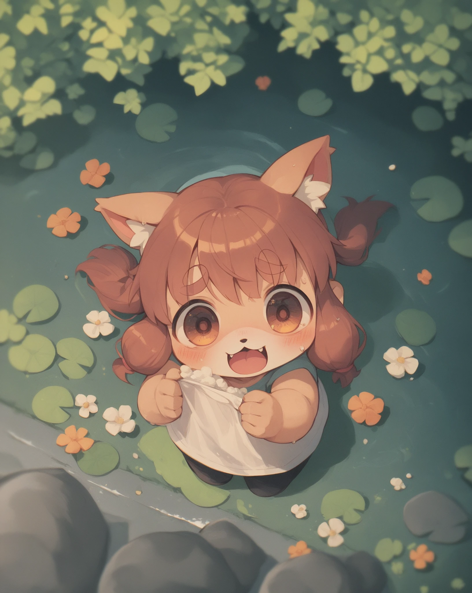 RAW, masterpiece, best quality, photorealistic, hi res, absurd res, complex pupils, complex textile, detailed lighting, High detail, , depth of field,
beautiful eyes, detailed eyes,
outside, forest, lake, sunlight, water, half body submerged underwater, water drops in body
(solo), furry, anthro, kemono, lion, , shortstack, short stature, deaged, pudgy, toddler body, boy, male,
body fur, tail tuft, whiskers,pawpads, blue eyes,
tied hair,hair between eyes,ahoge,sidelocks,crossed bangs,
standing, waving at viewer, laughing, smiling, mouth open,
their clothes are hanging from a tree branch in the background.
naked, nude, navel,, (teo),