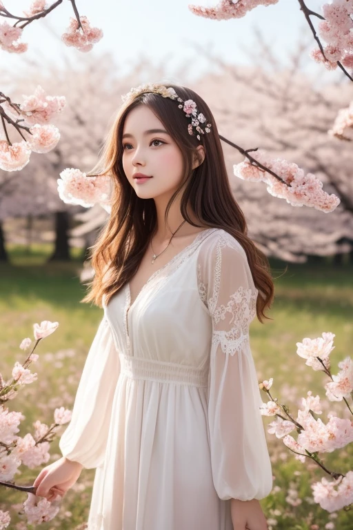 A beautiful young woman with long, flowing chestnut brown hair, wearing a delicate lace headband (katusha). She is dressed in a soft pastel-colored dress, standing in a field of blooming cherry blossoms. Gentle breeze, warm sunlight, dreamy atmosphere, ultra-detailed."