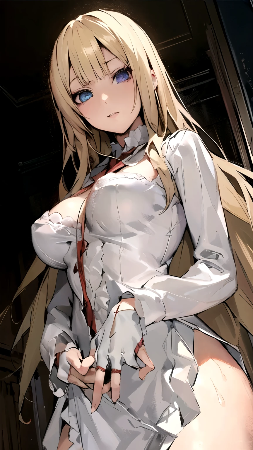 ((masterpiece,best quality)), {DATE_artstyle_LoRA : Manga_Style} {horror_edit : creepy_room_aura} {} { (Lili, blonde_hair, long_hair, blunt_bangs, perfectly_shape_breast : perfectly_slender_body : } { gloves, white dress, } { } {standing_still} { no_emotion : hypnotic_eyes : hypnotized_eyes } { sweating } { } : dark room : }