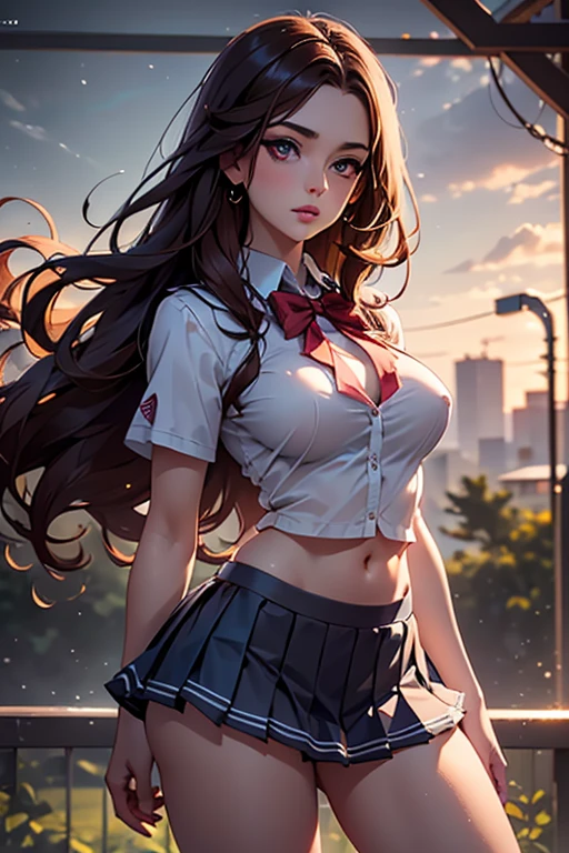 ((masterpiece,Highest quality:1.3,best quality illustration,realistic:1.4)),cowboy shot,独奏,1woman,(20-year-old、Japanese Beauty)、brown hair,long hair,(center parted bangs),brown eyes,gorgeous eyes,((very small head:1.3)),smile,,((very long body:1.2,skinny)),medium breasts,(tan skin:1.3),(School student uniform、Red ribbon tie、White collared shirt、Long sleeve navy blue pleated mini skirt),gleaming skin,toned body,slender body,on street,Shibuya Station、