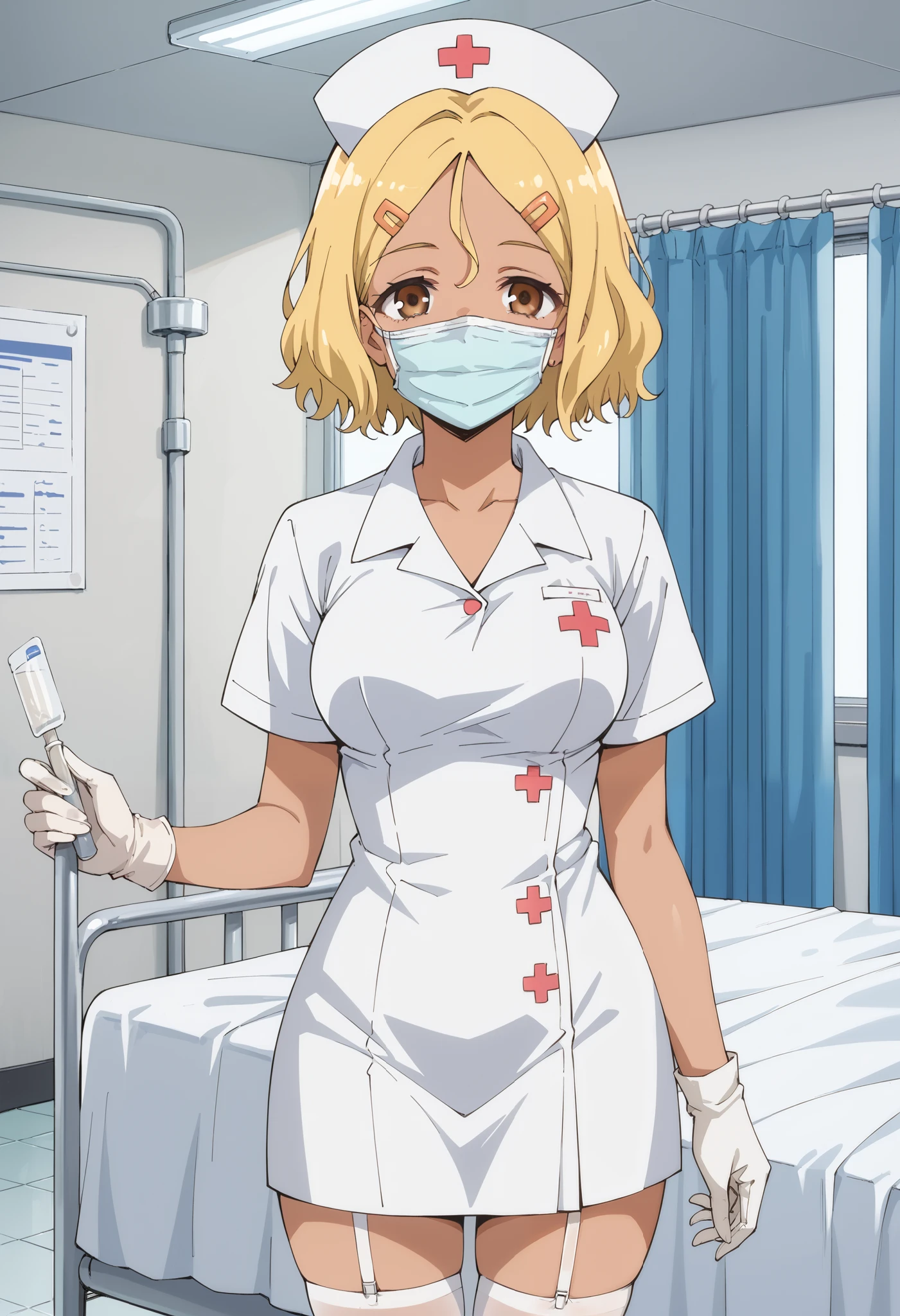 Score_9, score_8_up, score_7_up, source_anime, sakura, solo, short hair, blonde hair, hair ornament, brown eyes, hairclip, dark skin, dark-skinned female, (best quality), (high quality), {masterpiece}, extremely delicate and beautiful, ultra-detailed, beautiful detailed eyes, nurse, nurse hat, ((white nurse's outfit)), white gloves, white legwear, zettai ryouiki, hospital room, ((white surgical mask, covered nose)), standing