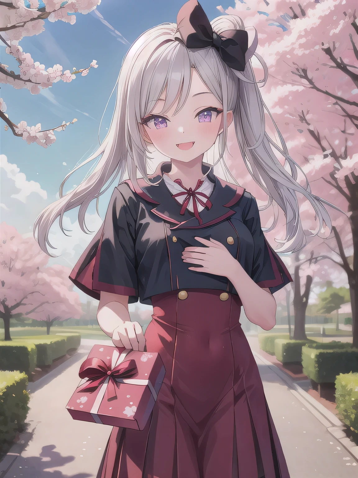A stunningly beautiful 20-year-old woman stands in a lush green park full of cherry blossoms in full bloom under a clear blue sky. She is wearing a classic sailor uniform and holds a neatly wrapped gift box with a red ribbon in both hands in front of her chest. The box is small, wrapped in decorative paper, and tied with a bow. She looks very happy, with a radiant and joyful expression.A stunningly beautiful 20-year-old woman stands in a lush green park full of cherry blossoms in full bloom under a clear blue sky. She is wearing a classic sailor uniform and holds a neatly wrapped gift box with a red ribbon in both hands in front of her chest. The box is small, wrapped in decorative paper, and tied with a bow. She looks very happy, with a radiant and joyful expression. Purple eyes, white hair, long hair.