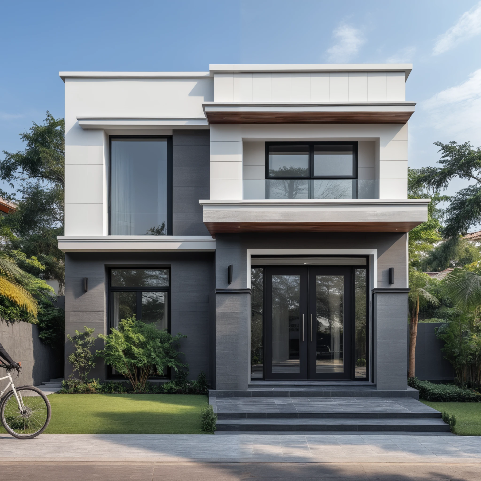 (masterpiece:1.2), best quality, photo of A two-story modern house with white walls and dark tiles on the roof, tree and plant, streetcapes, natural light, The exterior of an elegant single family home features large windows, a dark gray door frame.