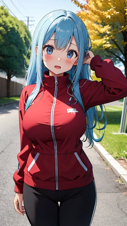 masterpiece, best quality, srwangelica, hair intakes, hair ornament, blue eyes, glasses, huge breasts, track suit, red track suit, red pants, from side, looking at viewer, city street, from below, smile