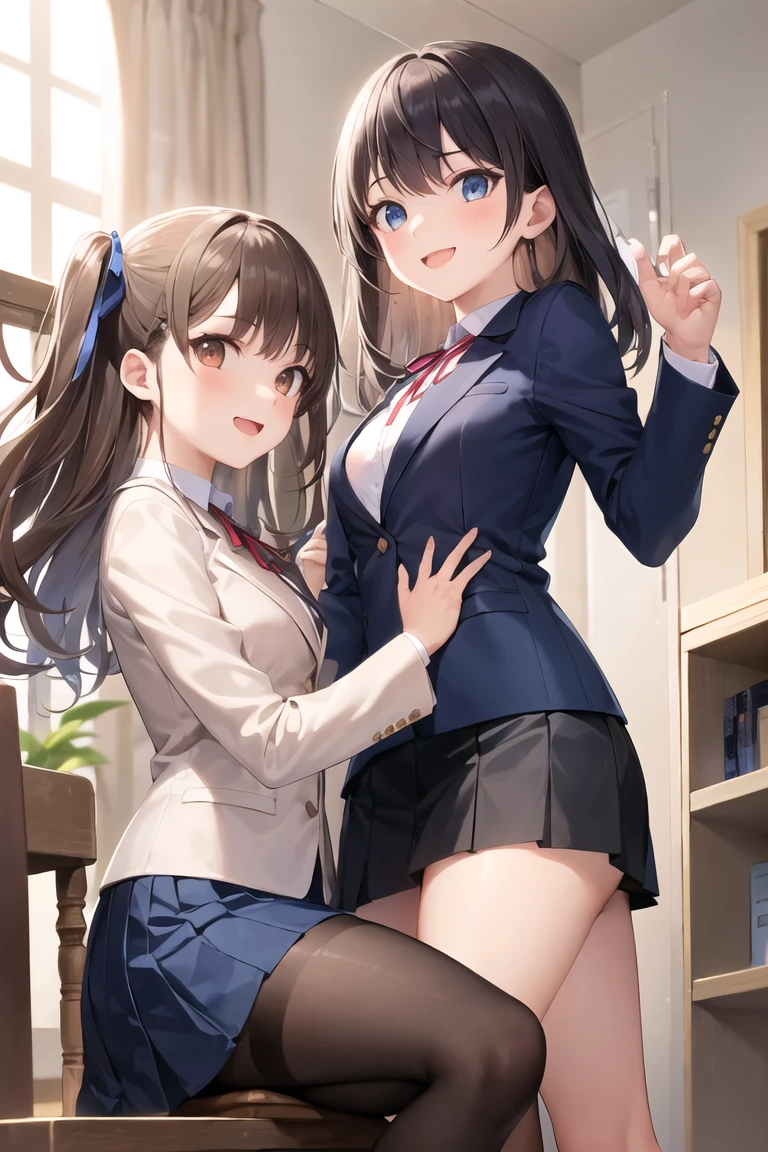 masterpiece, best quality, (two girl are having sex:1.3), home, on bed, kiss, high school student, short height, medium length hair, (ahoge:1.0), (brown hair:1.2), brown eyes, hairs between eyes, collared shirt, blazer, pleated skirt, , bow, black thighhighs, (saliva:1.4), (pussy juice:1.5), (sweat:1.2),