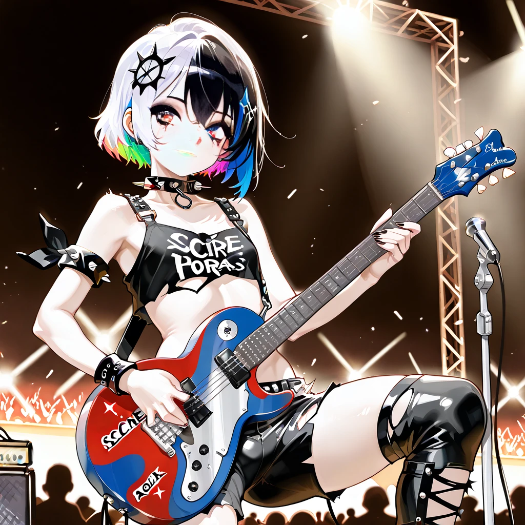 Punk girl, short physical stature, short hair, dark blue hair, musical instrument, drums, punk clothes, evil smile, girl playing the drums, sexy girl, torn clothes, punk clothes, drummer girl