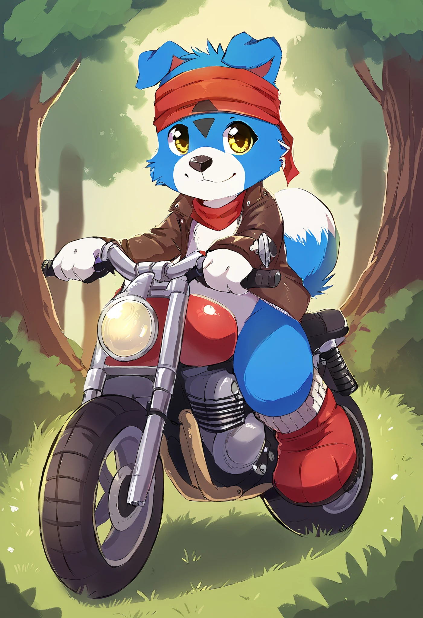high res, best quality, gaomon_digimon, furry, anthro, chonky, headband, solo, 1boy, cute, yellow eyes, sitting on a motorcycle dirtbike, in a forest