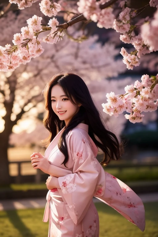 " Beautiful woman in kimono smiles under a cherry tree 、Light pink furunose swaying in the wind 。 Cherry blossom petals dance on her long black hair 、 The twilight light creates a romantic atmosphere。Fantastic and elegant atmosphere 。"